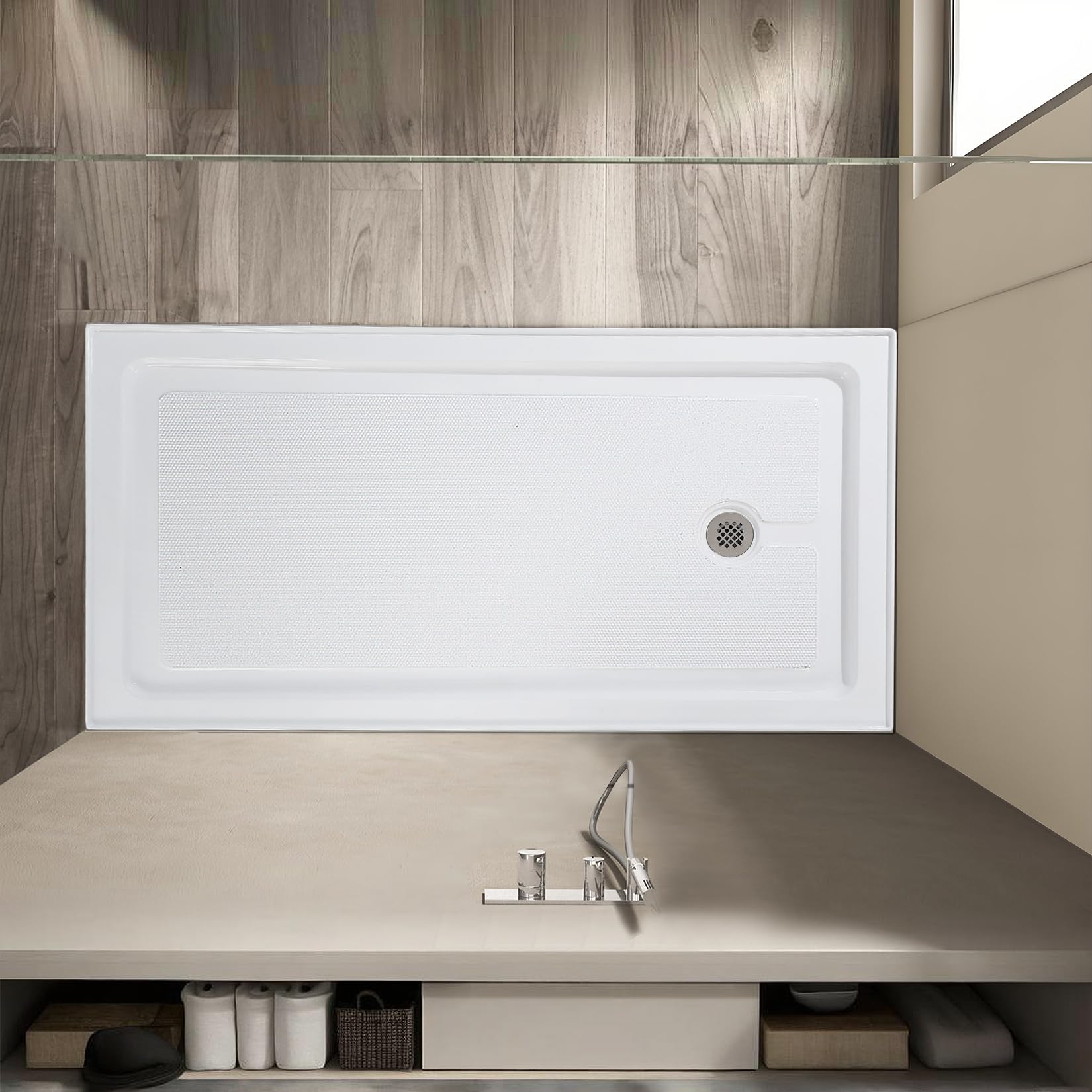 Condition photo showing New/Like New for garvee shower base 60'' l x 32'' w with stainless steel drain, shower pan tray with non-slip texture, center drain