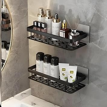 SR Self-Adhesive Multipurpose Wall Mounted Bathroom Shelves | Space-Saving Storage Organizer Racks for Bathroom and Kitchen Accessories | Stylish Wall Stand for Home, Office Use (Black-Pack of 1) - image, photos