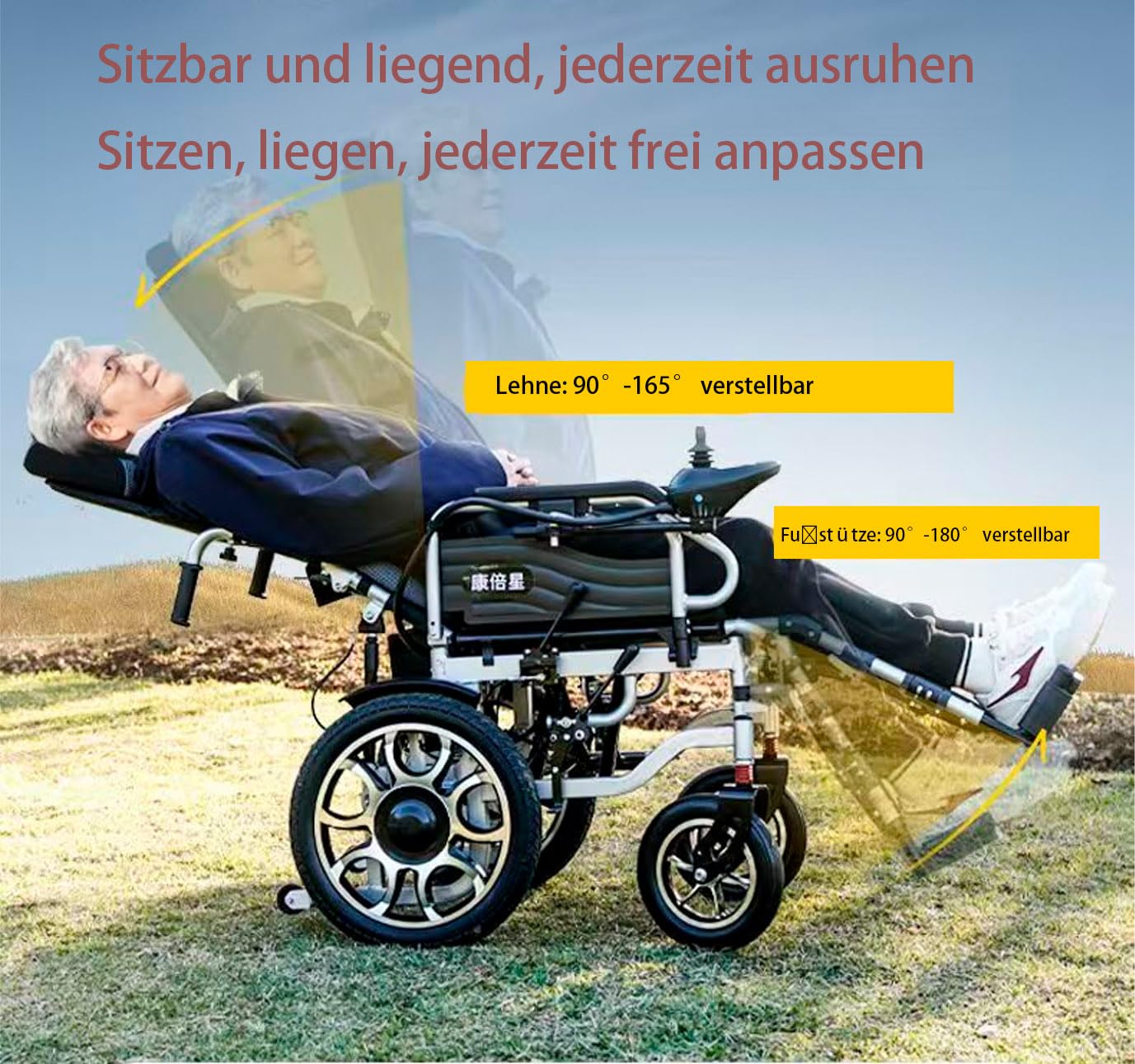 Elektryczny wózek inwalidzki z regulowanym oparciem, regulacja 90° i 160°, czarny