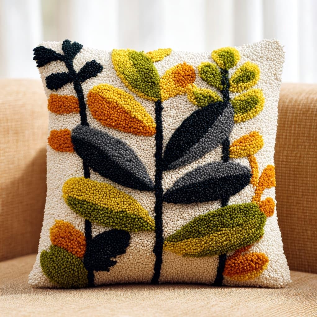 WallustrioaW Latch Hook Pillow Case Kits,Simple Branches,DIY Latch Hook Cushion Kits,Cross Stitch Embroidery Cushion Making Home Decor,43x43cm