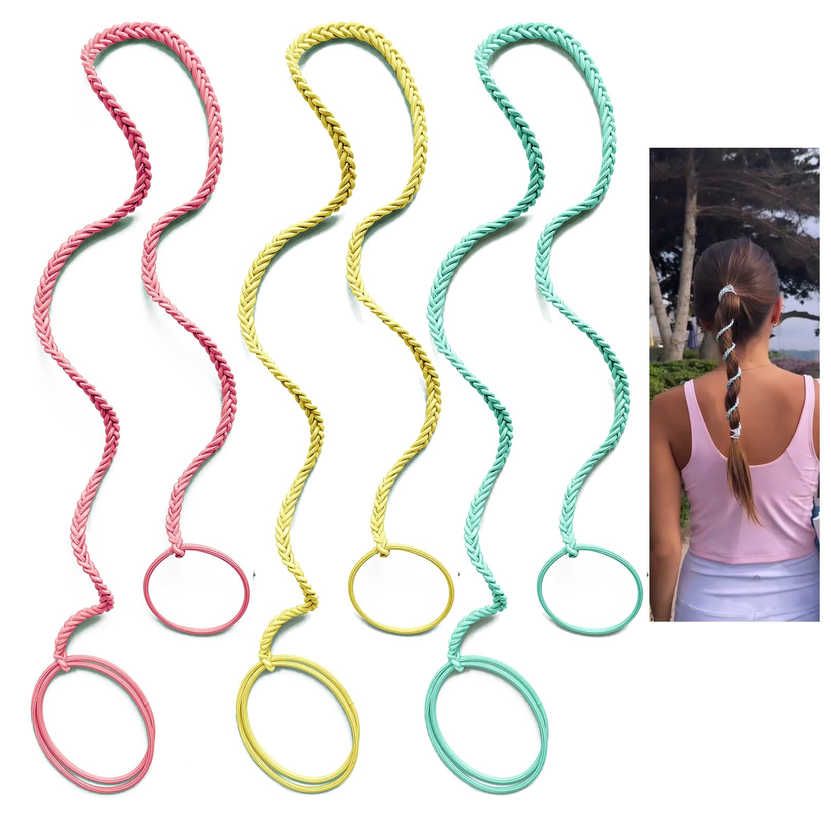 3 Packs 25" Sport Hair Ties for Women No Hooks, Girls' Elastic Spiral Ponytail Holders for Shorter Long Thick Curly Hair Braided Pony Tail Wraps Tie for Swimming Beach Motorcycle Riding