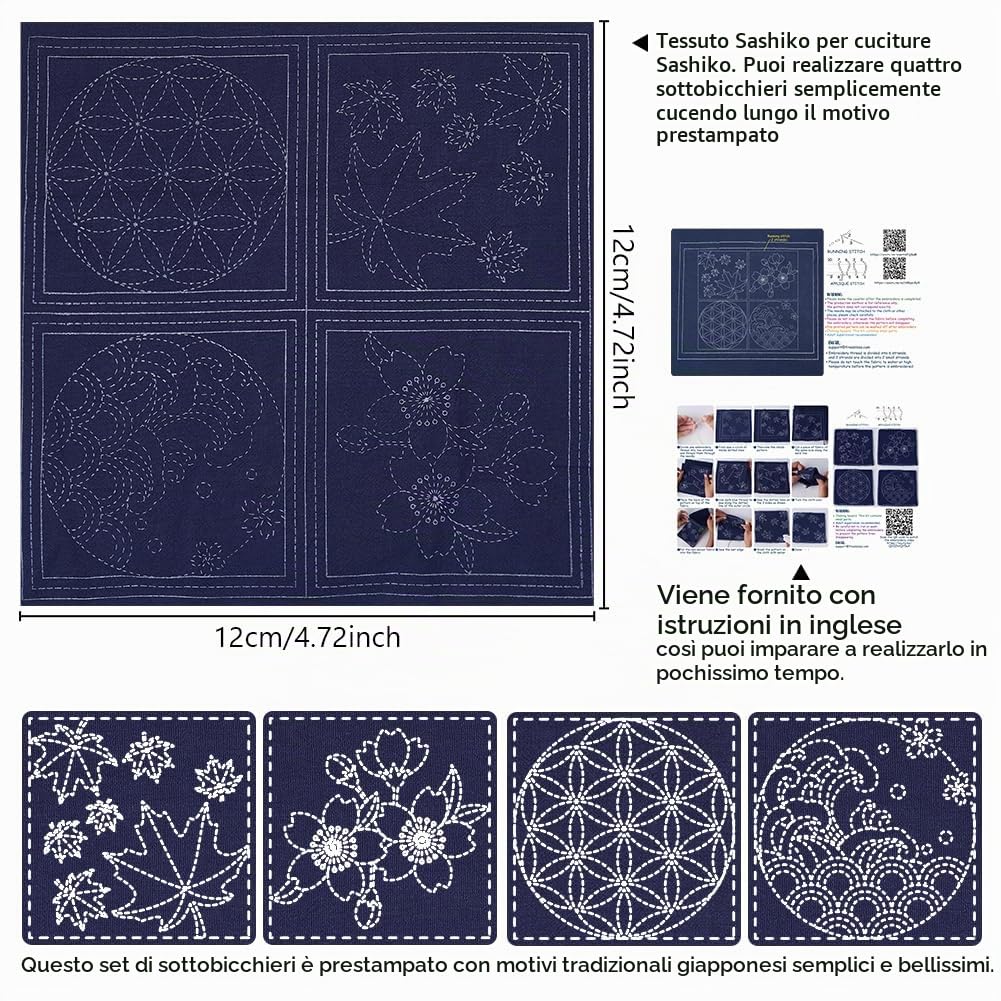 FREEBLOSS 4 Set Sottobicchieri Sashiko Kit fai da te con istruzioni Kit Sashiko per principianti Progetto pratico di Sashiko Kit per il ricamo dell'acero Sottobicchiere di stoffa stampato Sashiko