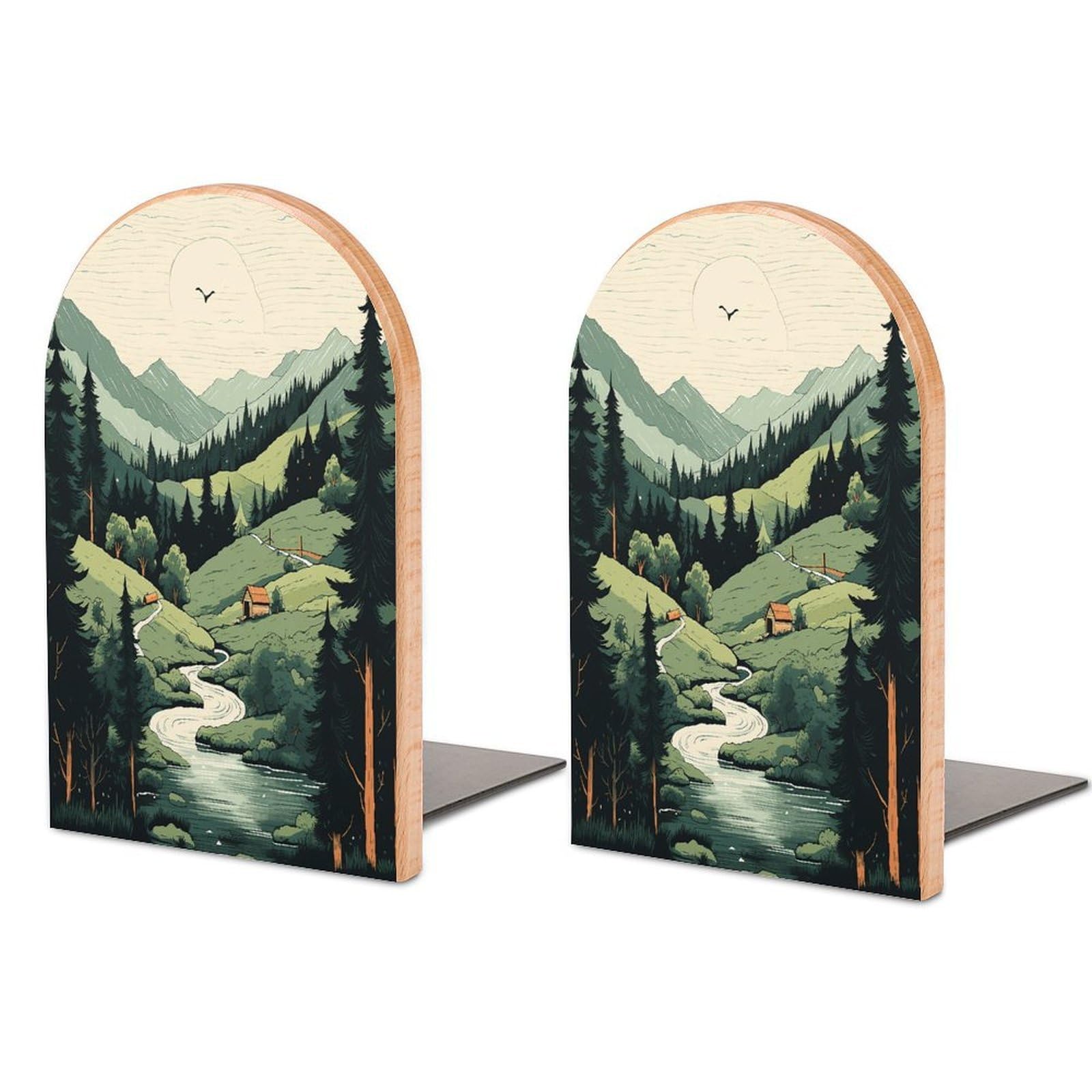 Outdoor Landscape Bookend Non-Skid Wooden Bookends for Shelves Heavy Duty Wood Book Ends Decorative Book Stopper Book Stand Non-Slip Book Organizer for Home Office Library