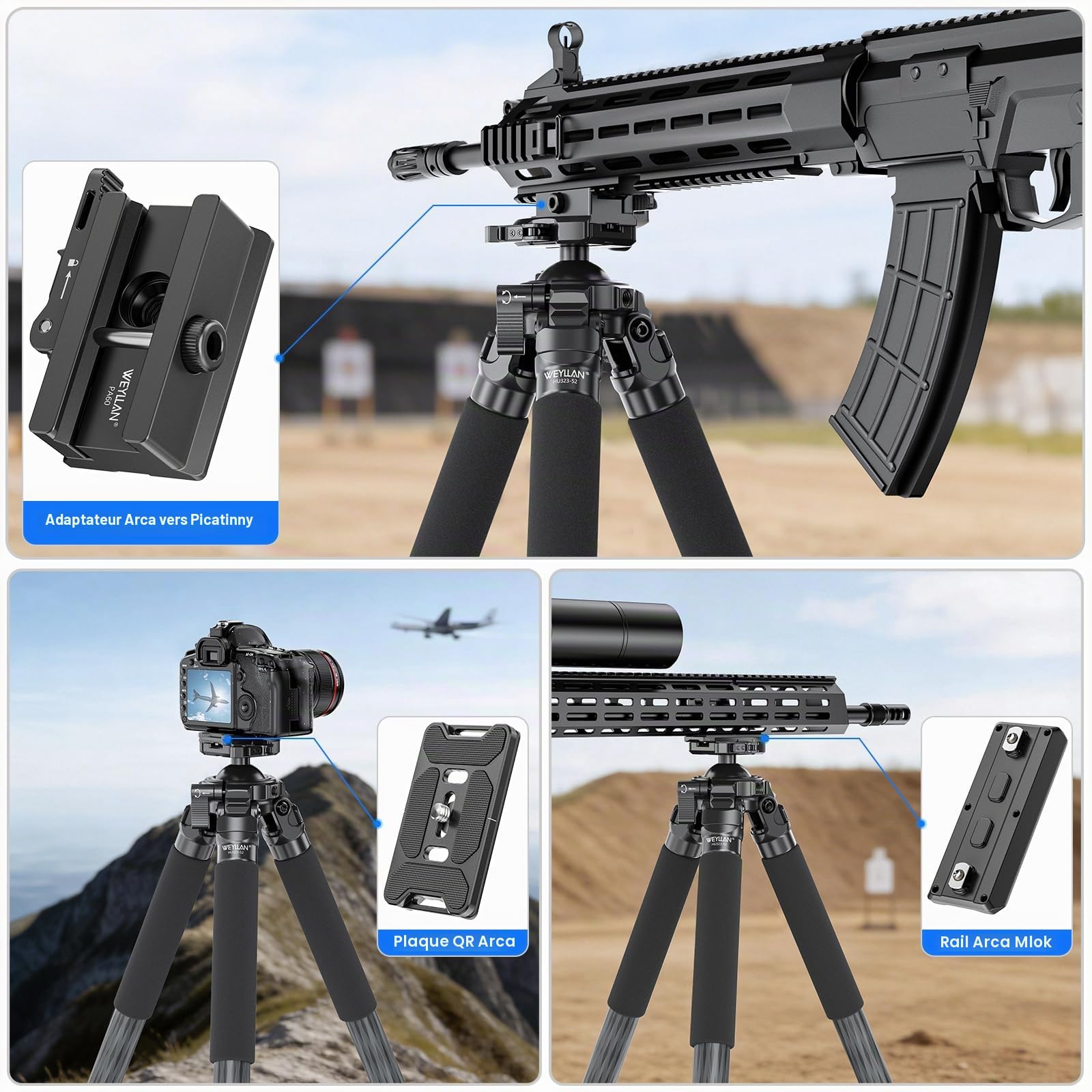 WEYLLAN HU323K Trépied en Fibre de Carbone pour la Chasse, avec 52mm Rotule, 80mm MLOK Arca Rail, Plaque Arca QR, Arca to Picatinny Adapter, pour la Chasse et Le Tir, Charge Maximale 25 kg