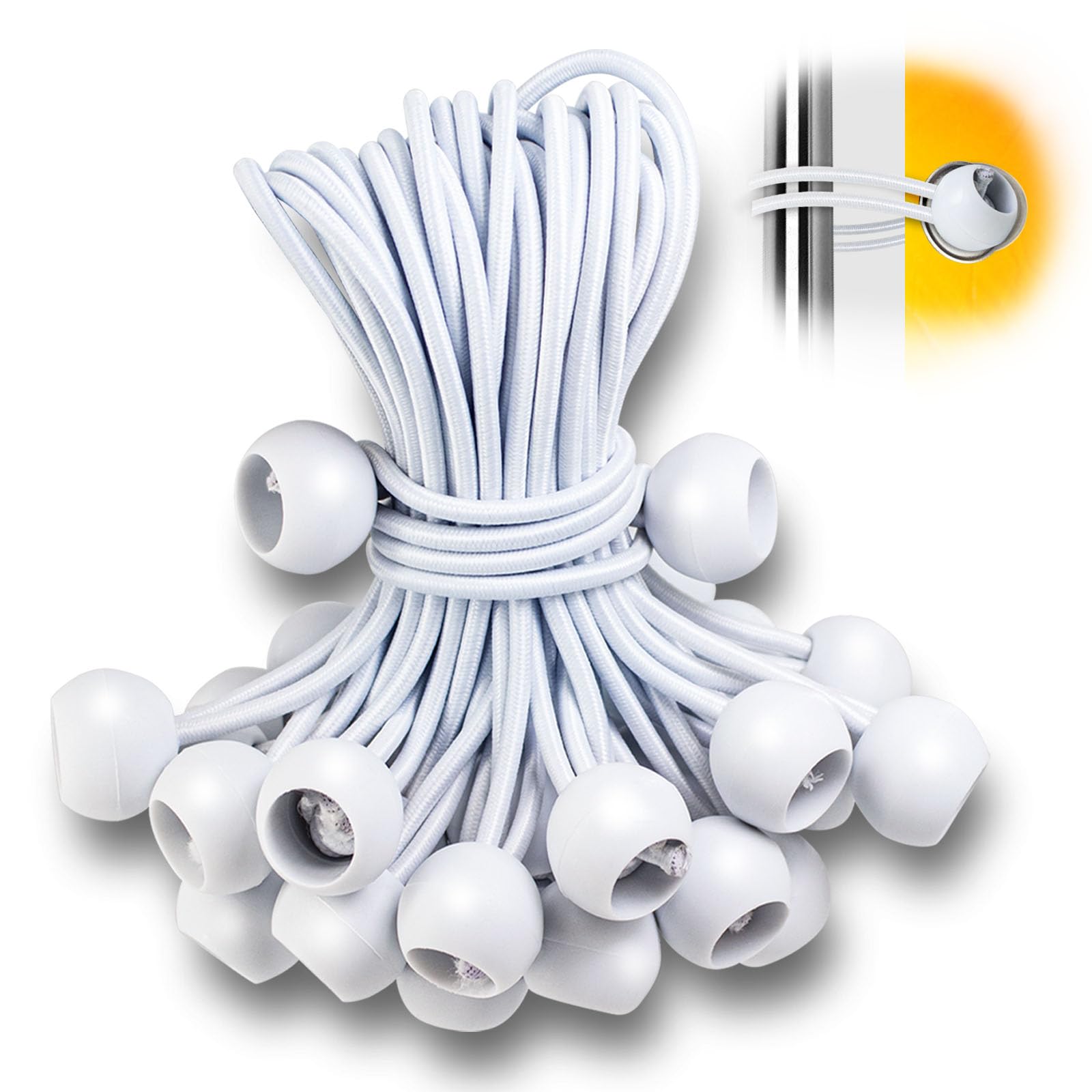Taotazon White Bungee Cords With Balls 4 Inch, 50 Pcs Heavy Duty Bungee Straps | Bungee Balls, Bungee Ties With Balls For Camping, Shelter,Gazebo,Projector Screen,Tent Poles
