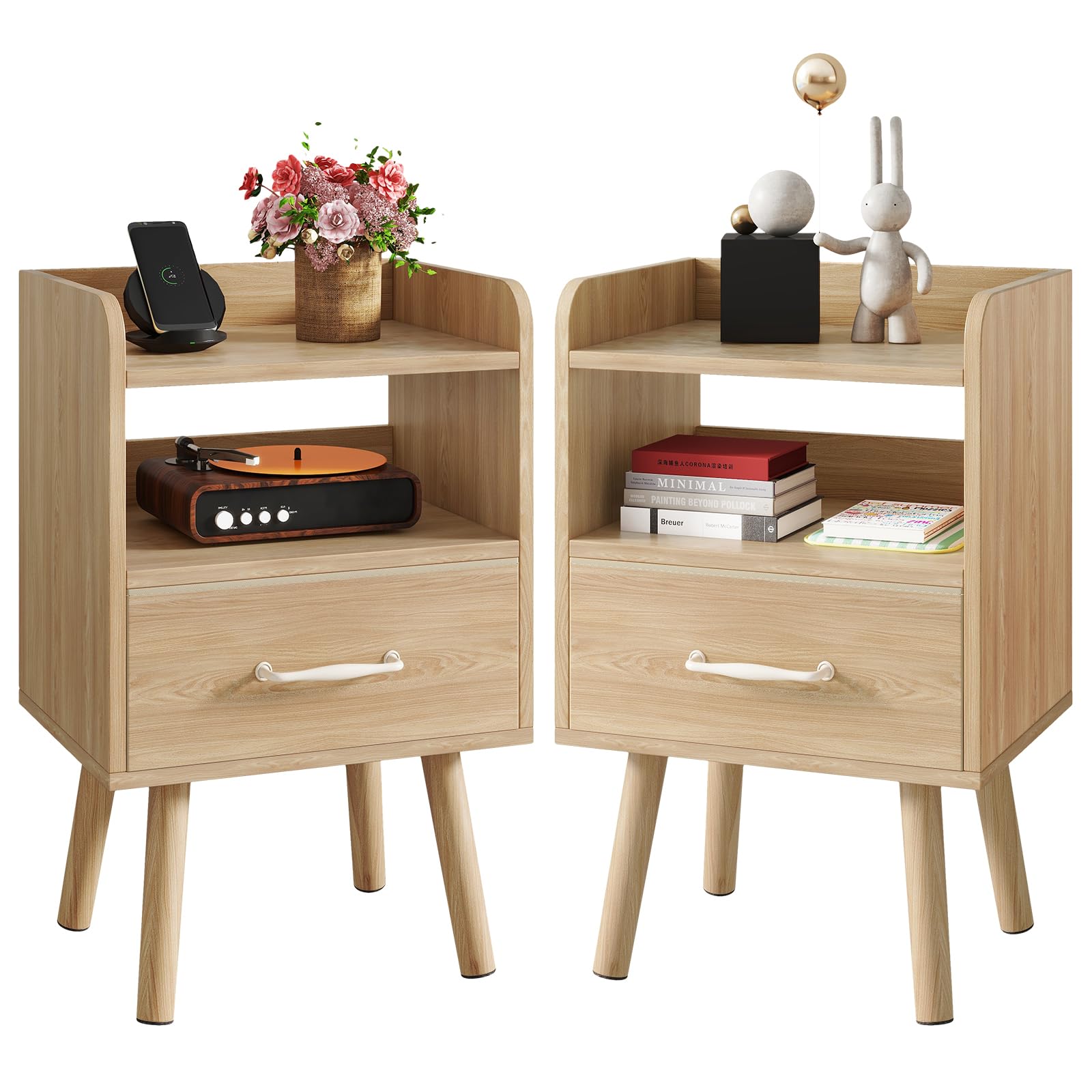 YMYNY Set de 2 Mesitas de Noche, Mesa Auxiliar de Sofá, Mesa de Madera, Cajón con Tela Removible, Ripiano Abierto, 39x29x62 cm, para Dormitorio, Salón, Natural HST021N-2