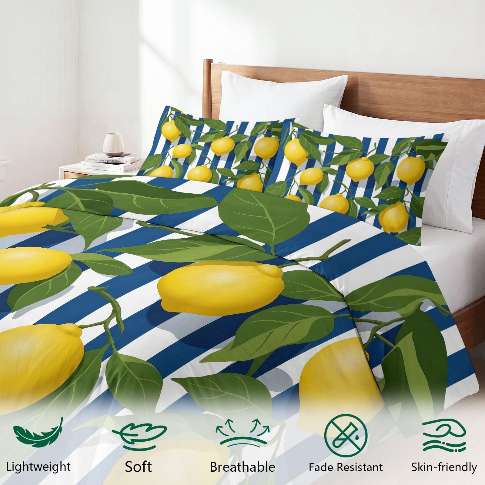 Generisch Bettwäsche Set 3-teilig 200 x 200 cm, Ländlich-Idyllisch Kinderbettwäsche Mikrofaser mit Reißverschluss - Bettbezug Obst Zitrone Grüne Blätter für Jungen Mädchen Blau Bettwaren