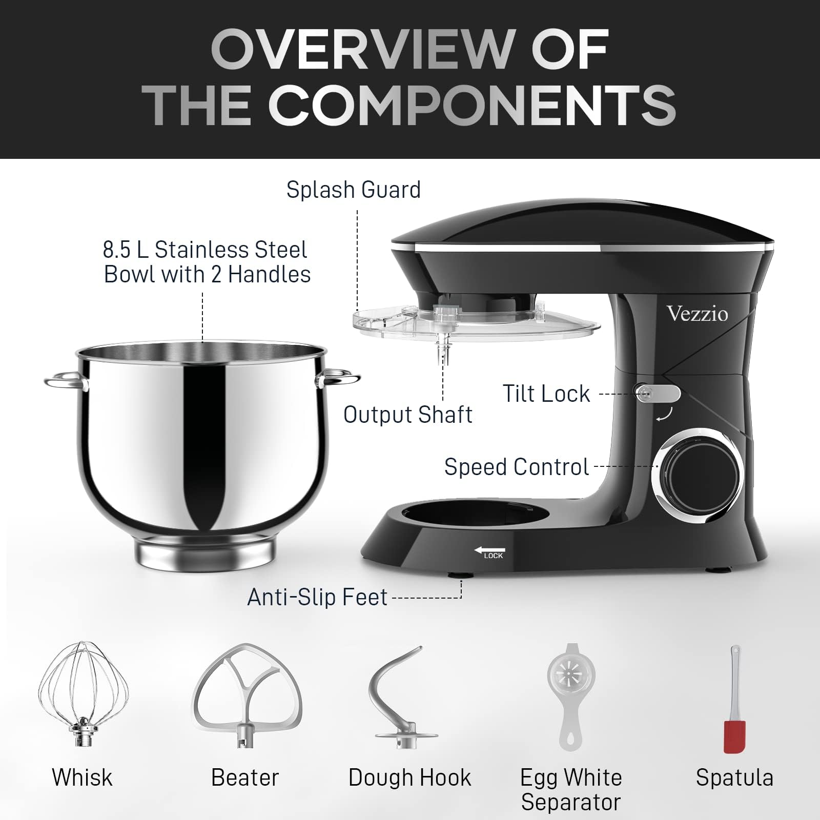 Vezzio Küchenmaschine, 8,5 l Backteig-Mixer, 10-stufige Teigmaschine, mit Rührhaken, Knethaken, Schneebesen und Spritzschutz (Schwarz)