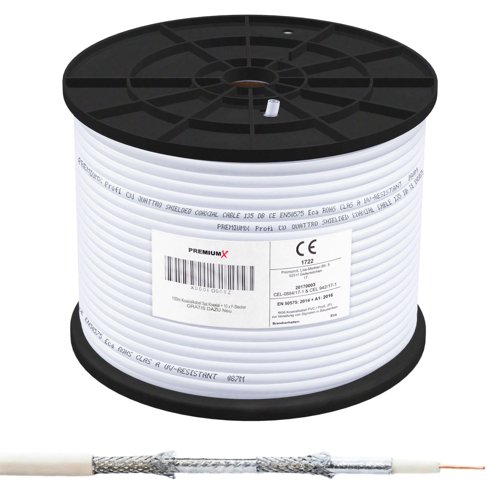 Premium X Profesional Set de Cables Coaxiales 100m – Cable Satelital Blanco | Cobre Puro | Cable de Antena Blindado de 4 vías | Incluye 10 Conectores F-Admite 8K, 4K UHD y 3D para Sat, Cable, DVB-T