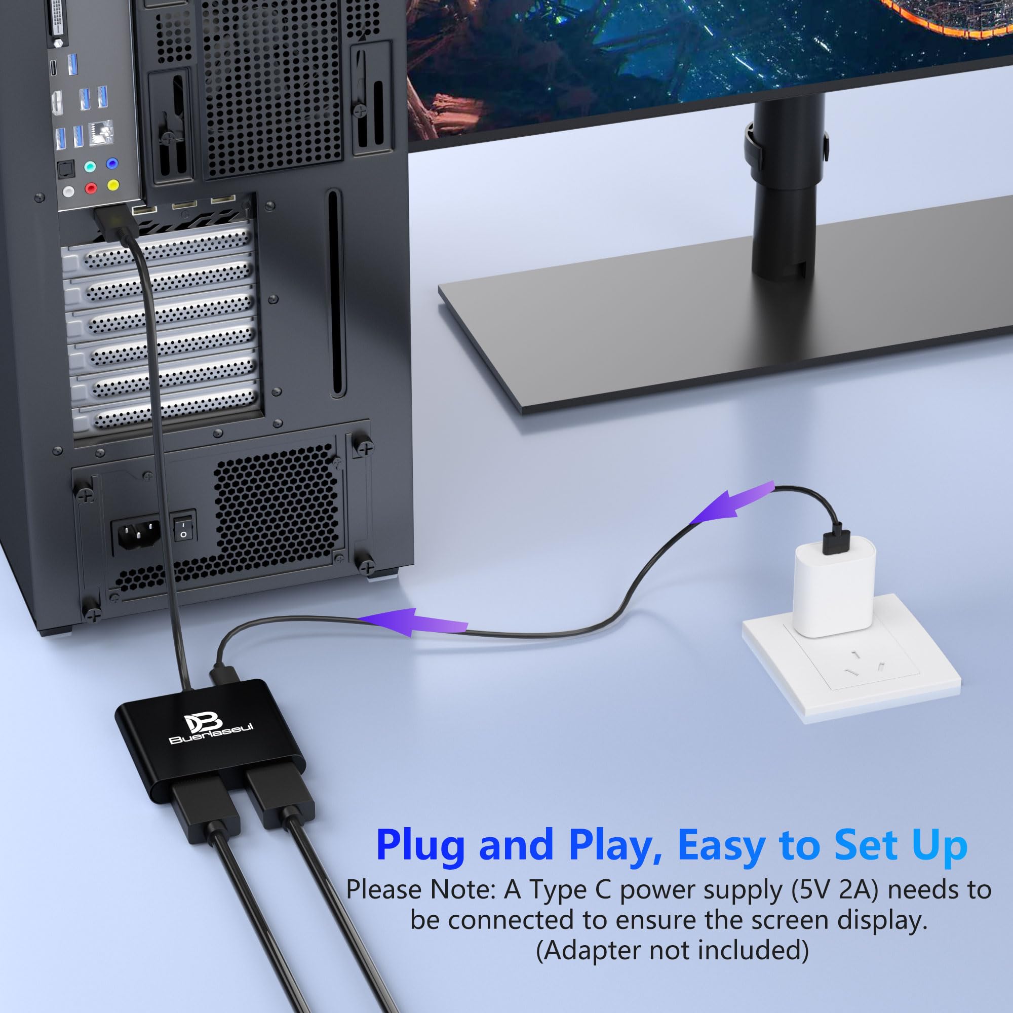 Répartiteur DisplayPort vers double HDMI 4K @ 60 Hz, alimentation USB-C, hub DisplayPort 1.4 MST vers HDMI 1 entrée 2 sorties pour double moniteurs, mode étendu/clone pour ordinateur de bureau, carte