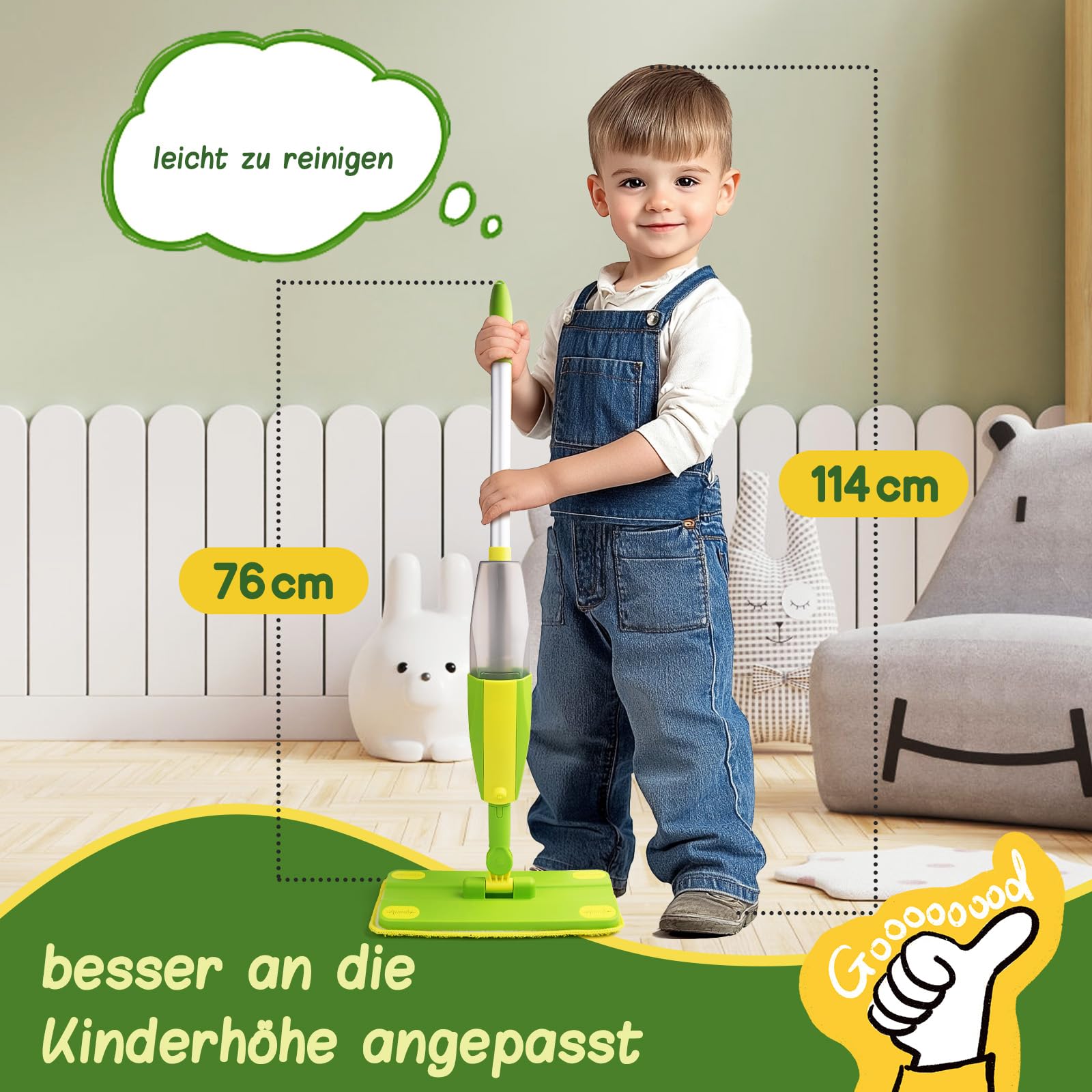Kinder Wischmopp mit Sprühfunktion, Montessori Kinder Putzset für Kinder ab 3 Jahren | Kinderwischer Spielzeug, Reinigungsspielzeug für Rollenspiel und Haushalt, Geschenk für Kinder