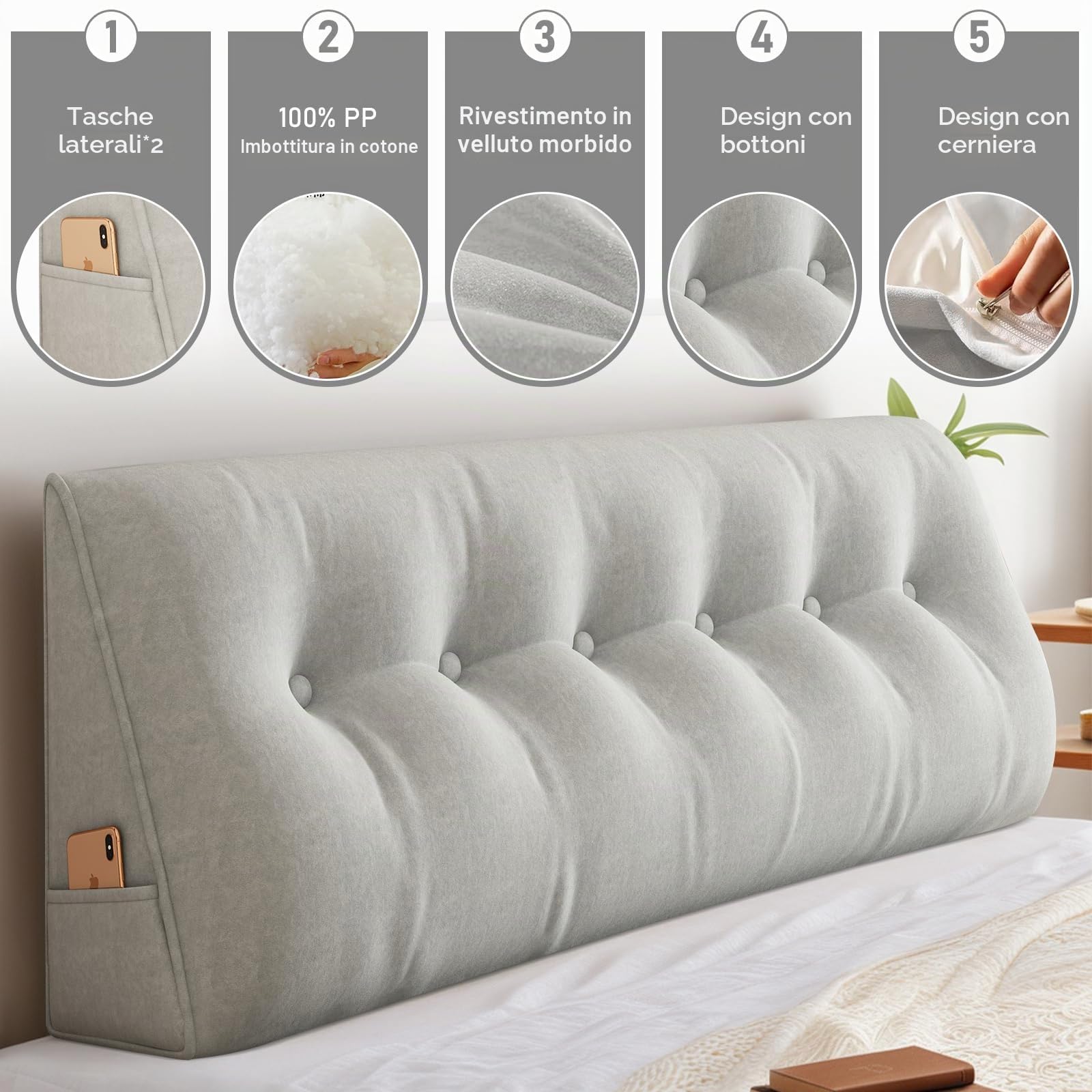 ShowyLive Cuscino Schienale Letto, Cuscino da Lettura per Letto Divano, Cuscino per la Schiena e la Testa con Tasca Laterale, Rivestimento Sfoderabile e Lavabile (100 * 50 * 20 cm, Grigio Chiaro)