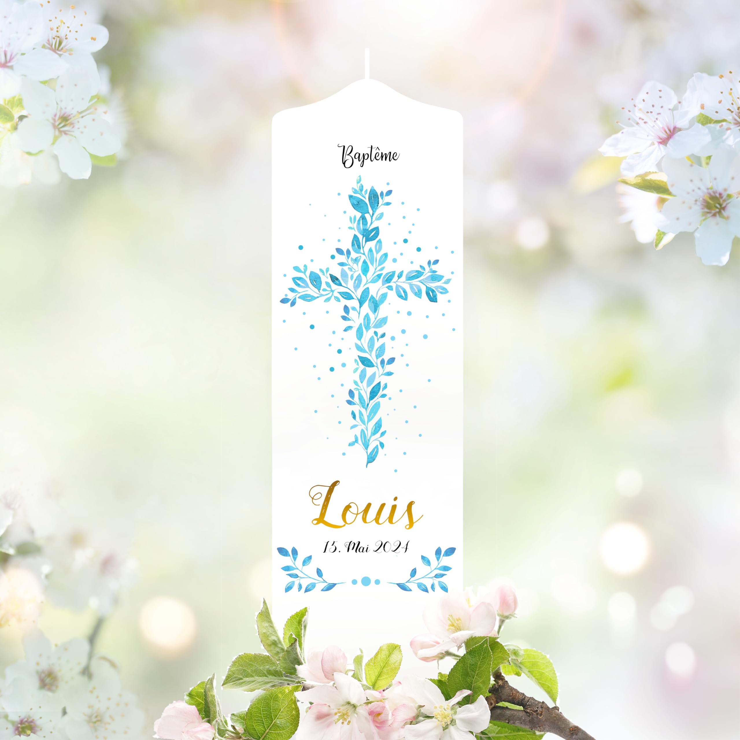 Bougie Baptême personnalisée Garçon motif Croix florale bleue – Cierge Baptême avec prénom et date – Cierge de parrainage – Bougie imprimée – Cadeau parrain marraine – 18 x 7 cm