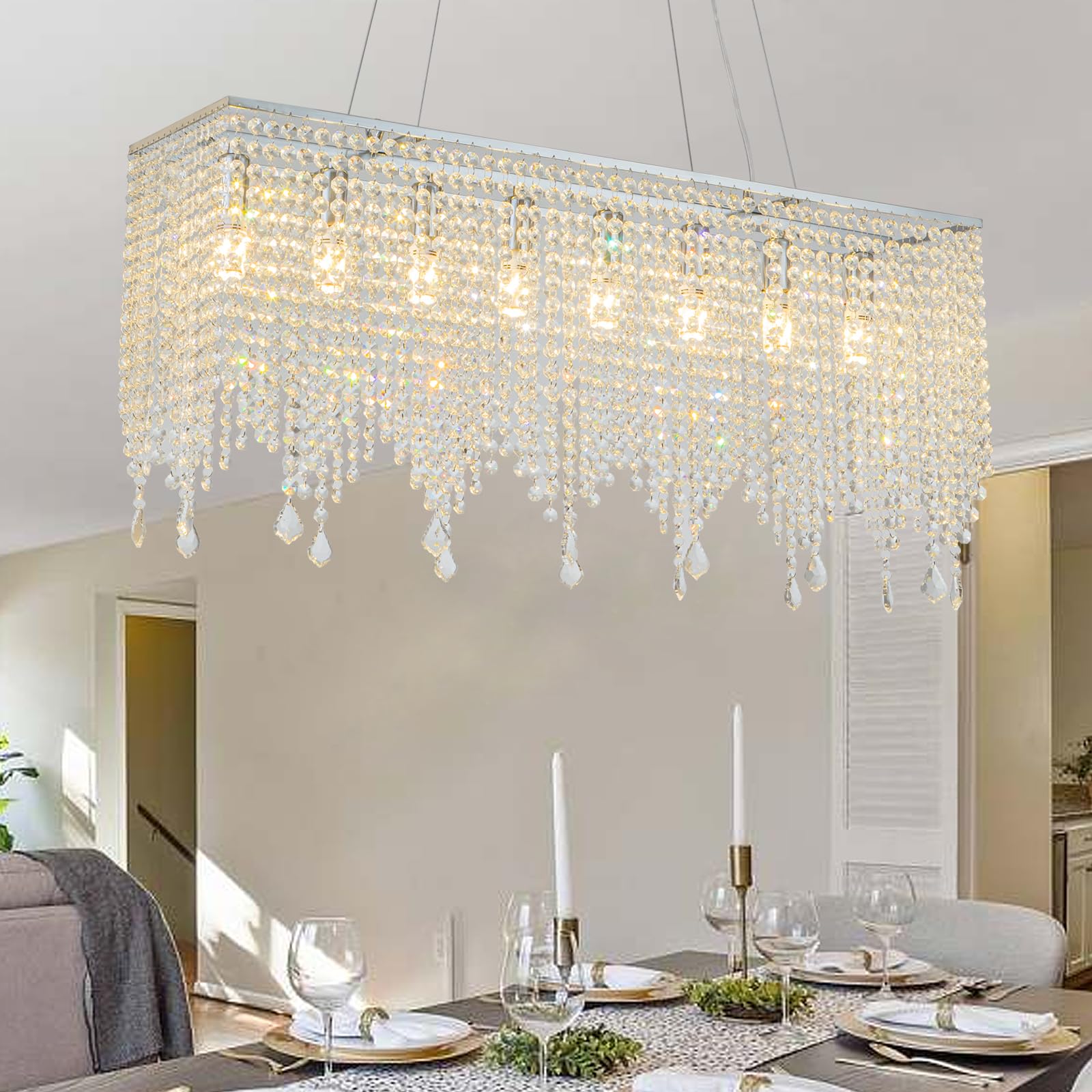 31.5" Rectangle Chandelier Chrome Crystal Chandeliers Contemporary Raindrop Hanging Pendant Lighting Modern Flush Mount Chandelier for Dining Room Kitchen Island