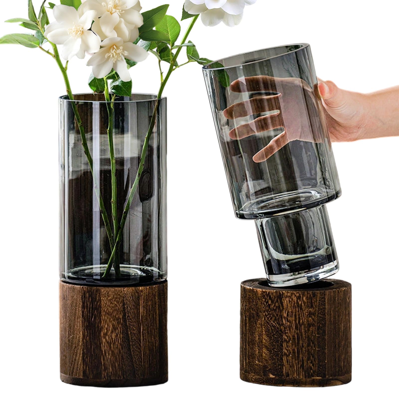 Eidoct Grey Clear Artistic Wood Glass Cylindrical Grey Flower Vase With Wooden Base Plant Vases For Pampas Grass Dried Flowers, Classic Boho Rustic Style For Wedding Home Decor Table Centerpieces (Grey Clear)