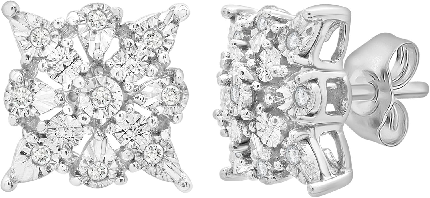 Timeless Love 925 Sterling Silver Cluster Diamond Stud Earrings, 1/10 CTW Natural Round Single Cut Diamond, 13 x 12.7 mm, Friction Posts and Backs, Valentine's Day Jewelry Gifts for Women, Her, Wife