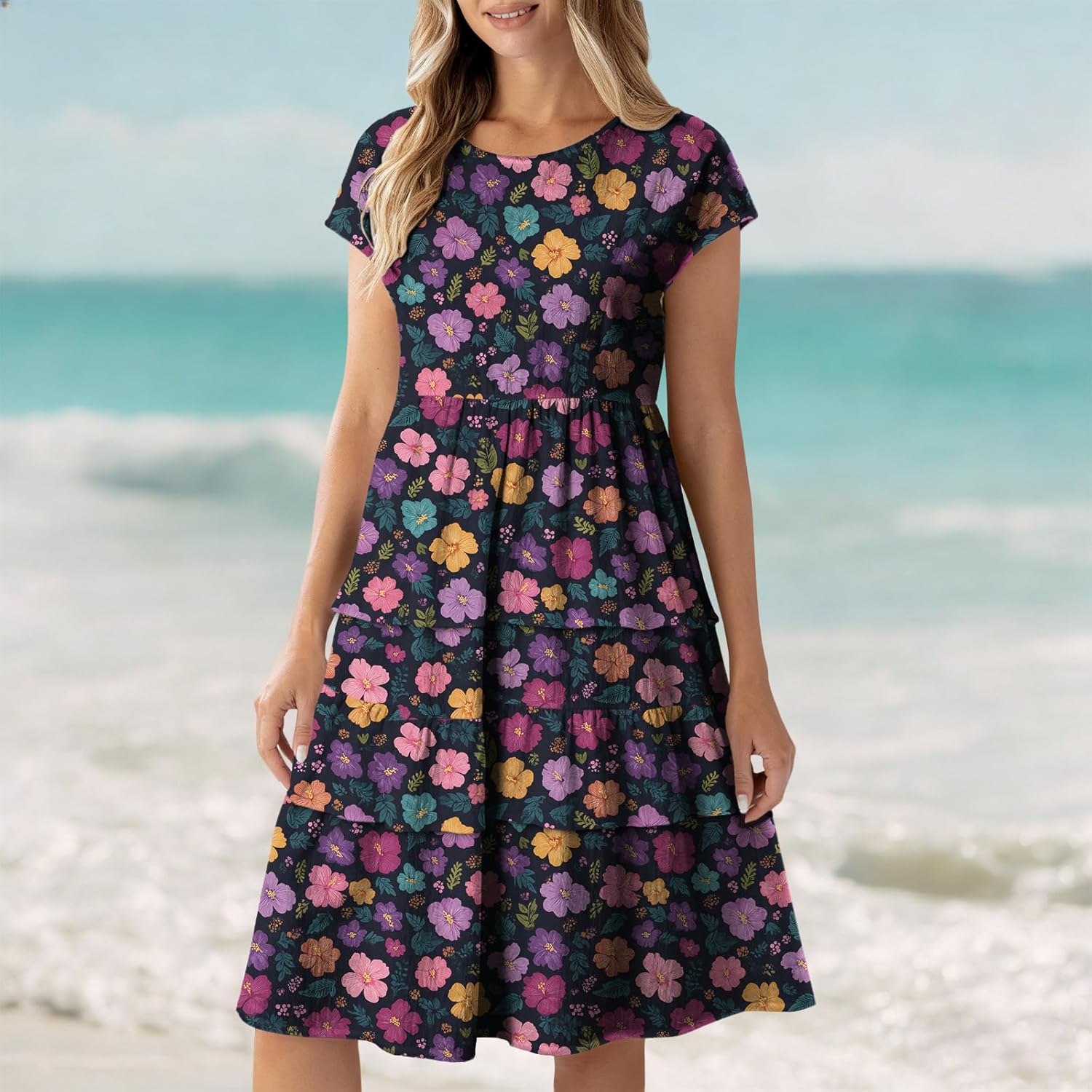 Vibrant Floral Layered Midi Dress Puff Sleeve Crewneck Flowy Weekend A-Line Ruffle Hem Casual Loose-Fit Dress - Image 2