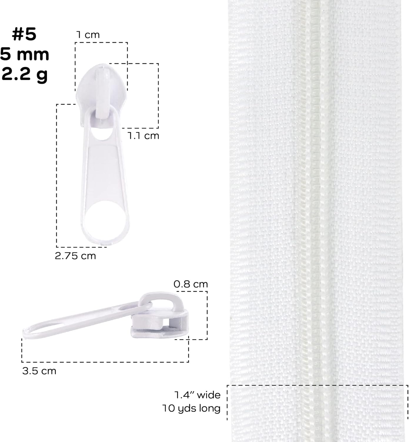 100 Yards #5 Bulk Nylon Coil Zipper Tape with 100 Metal Slider Pulls - White