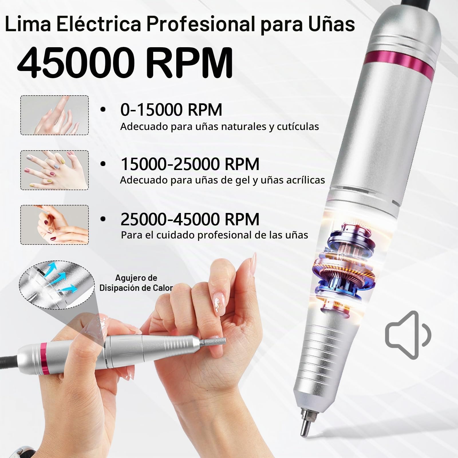 Taladro de Uñas, Torno para Uñas Profesional de 45000 RPM Para Uñas de Gel Juego de Manicura Eléctrico con Pedales Pantalla LED 6 Brocas para Uso Doméstico y Salones de Uñas