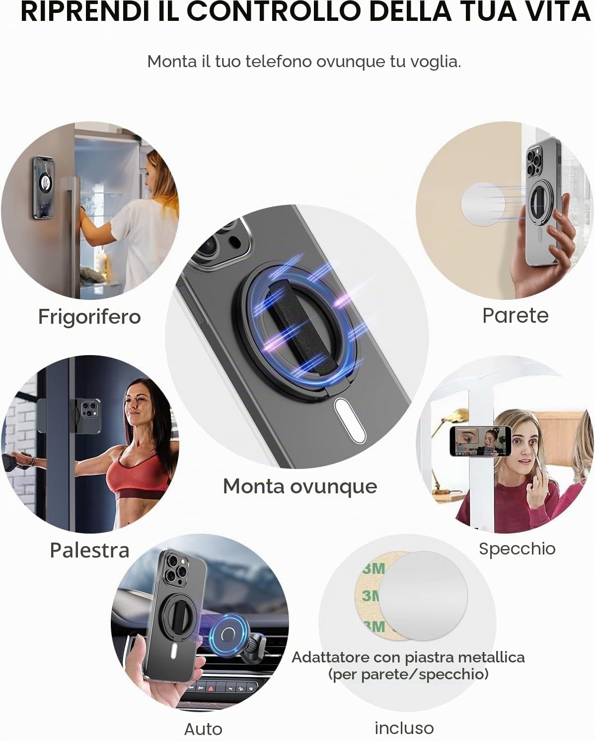 EWA MagOne Ultra Impugnatura per cellulare con cinturino da dito elastico sostituibile, supporto ad anello rimovibile, magnetico su entrambi i lati, per iPhone 15, 14, 13, 12 - Nero