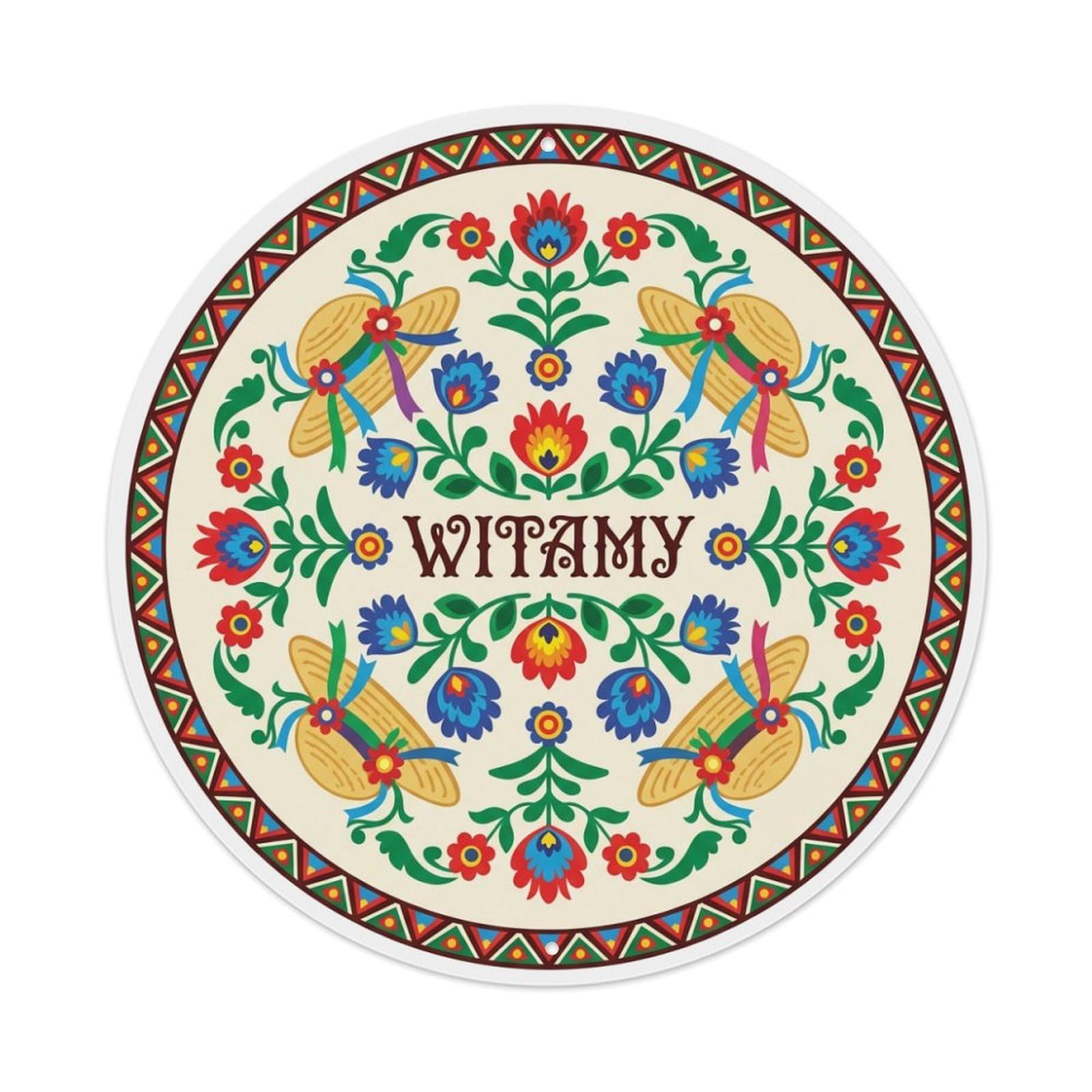 Fyrn Style Metal Tin Sign Vintage Polish Folk Art Witamy Welcome Hat Ribbon