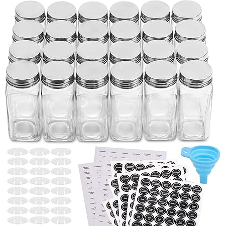 Aozita 24 Pcs Glass Spice Jars/Bottles - 4oz Empty Square Spice Containers with 810 Spice Labels - Shaker Lids and Airtight Metal Caps - Silicone Collapsible Funnel Included