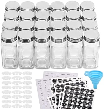 Aozita 24 Pcs Glass Spice Jars/Bottles - 4oz Empty Square Spice Containers with 810 Spice Labels - Shaker Lids and Ai...