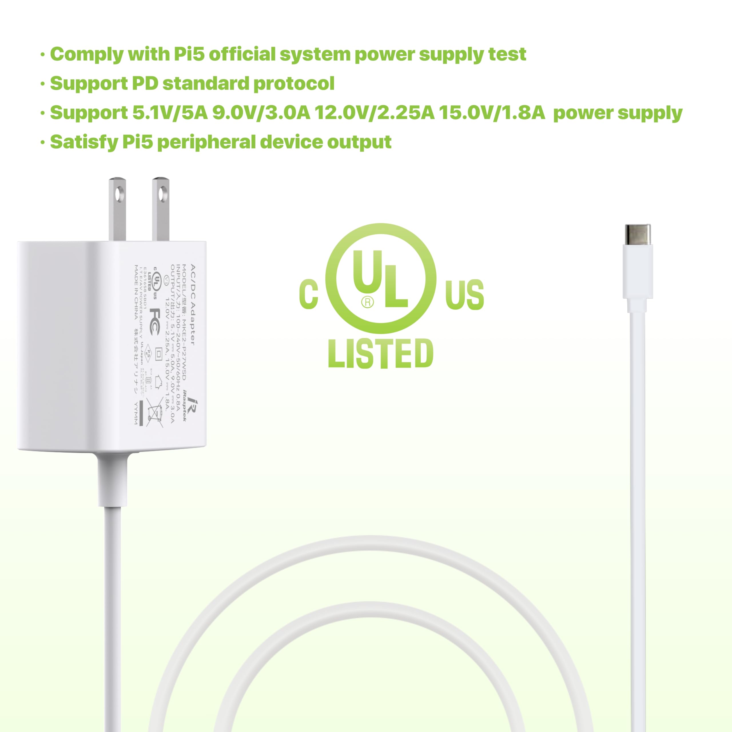 iRasptek 27W USB-C Power Supply with PD for Raspberry Pi 5?5.1V/5A?