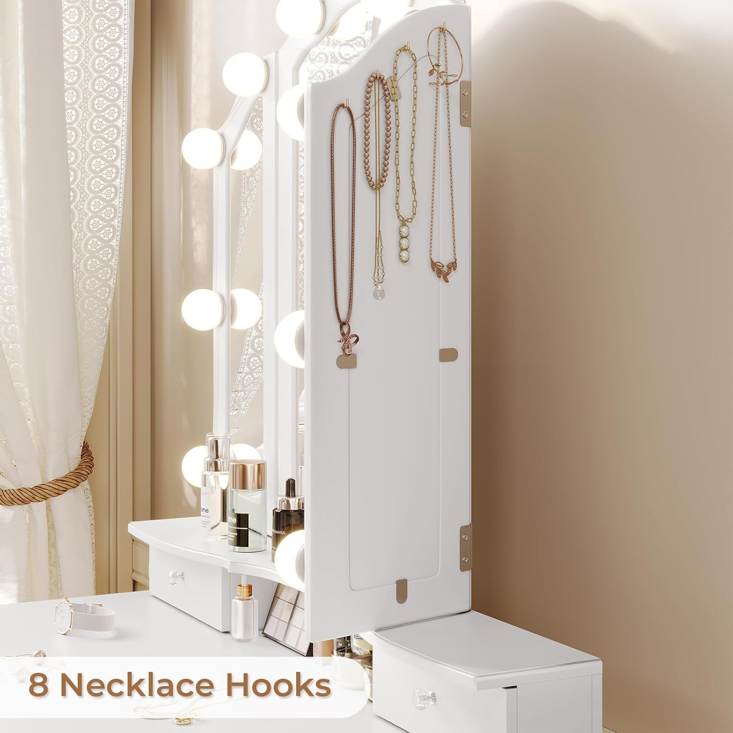 Tiptiper Vanity Table Set with Lighted Tri-Folding Mirror, Makeup Vanity with Lights & 3 Color Lighting Modes, Vanity Desk with Mirror and Cushioned Stool, Makeup Table with 5 Drawers, White