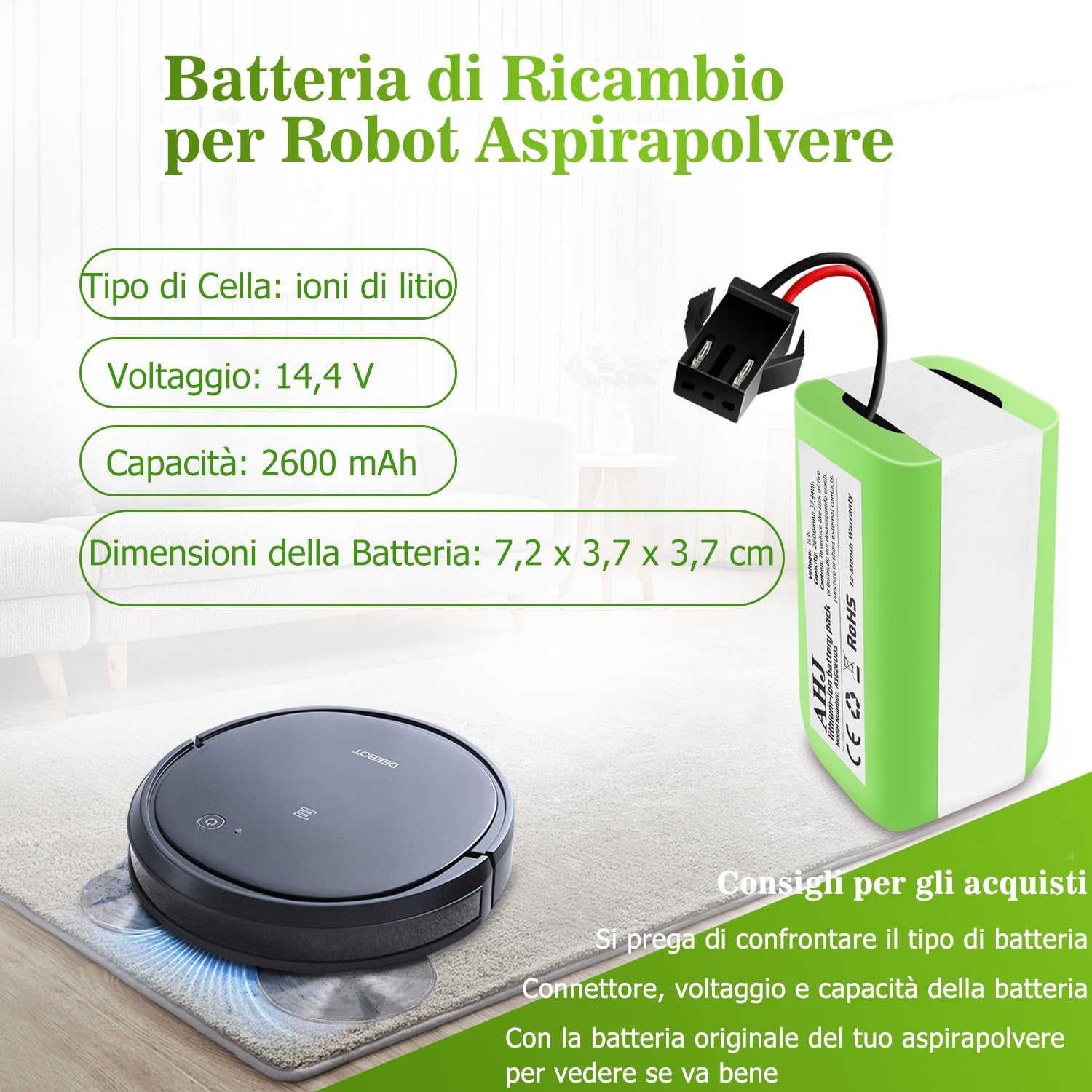 14.4V 2600mAh Li-ion Batteria di Ricambio per Proscenic 850T/850P, per Lefant T700/M520, per IKOHS Netbot S14 S15, per Deebot N79S N79, per Eufy RoboVac 11 11S, per Bagotte BG600/BG700