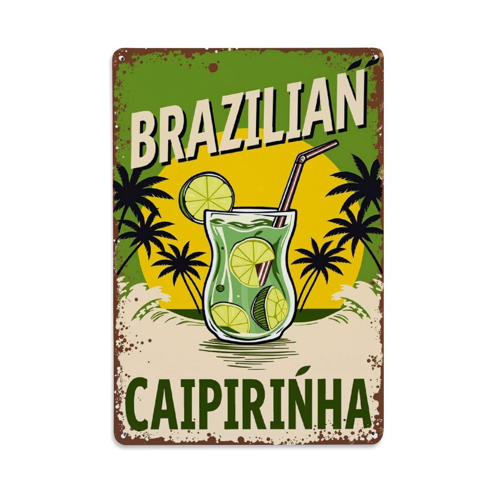Brazilian Caipirinha Cocktail Palm Trees Vintage Tin Sign Retro Metal Wall Decor Metal Poster, Home Bar Garage Man Cave Cafe Indoor & Outdoor Decoration 8x12Inches