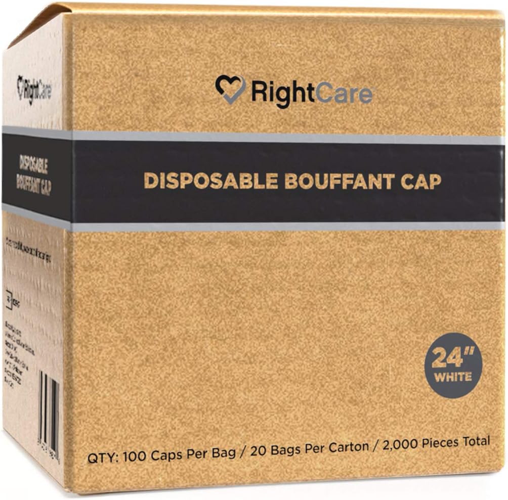 RightCare Disposable Hair Net Bouffant Caps 24" Spunbonded with Elastic Band, White, Case of 2000pcs