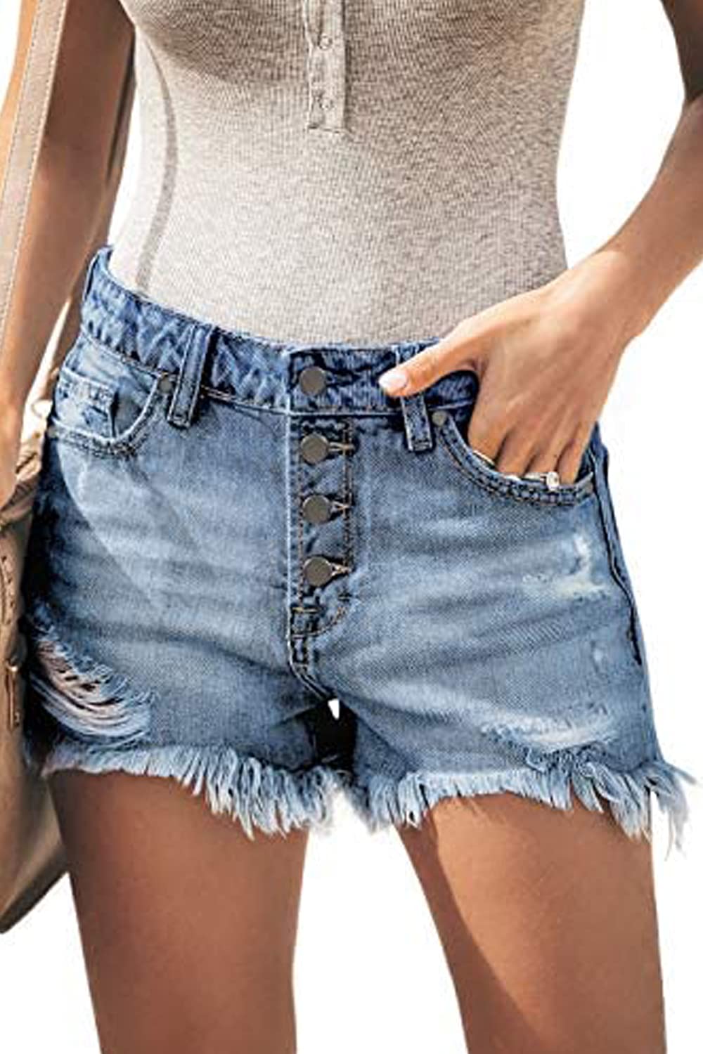 Necooer Damen Casual Ripped Denim Shorts Mittlere Taille Kurze Jeanshose mit Taschen