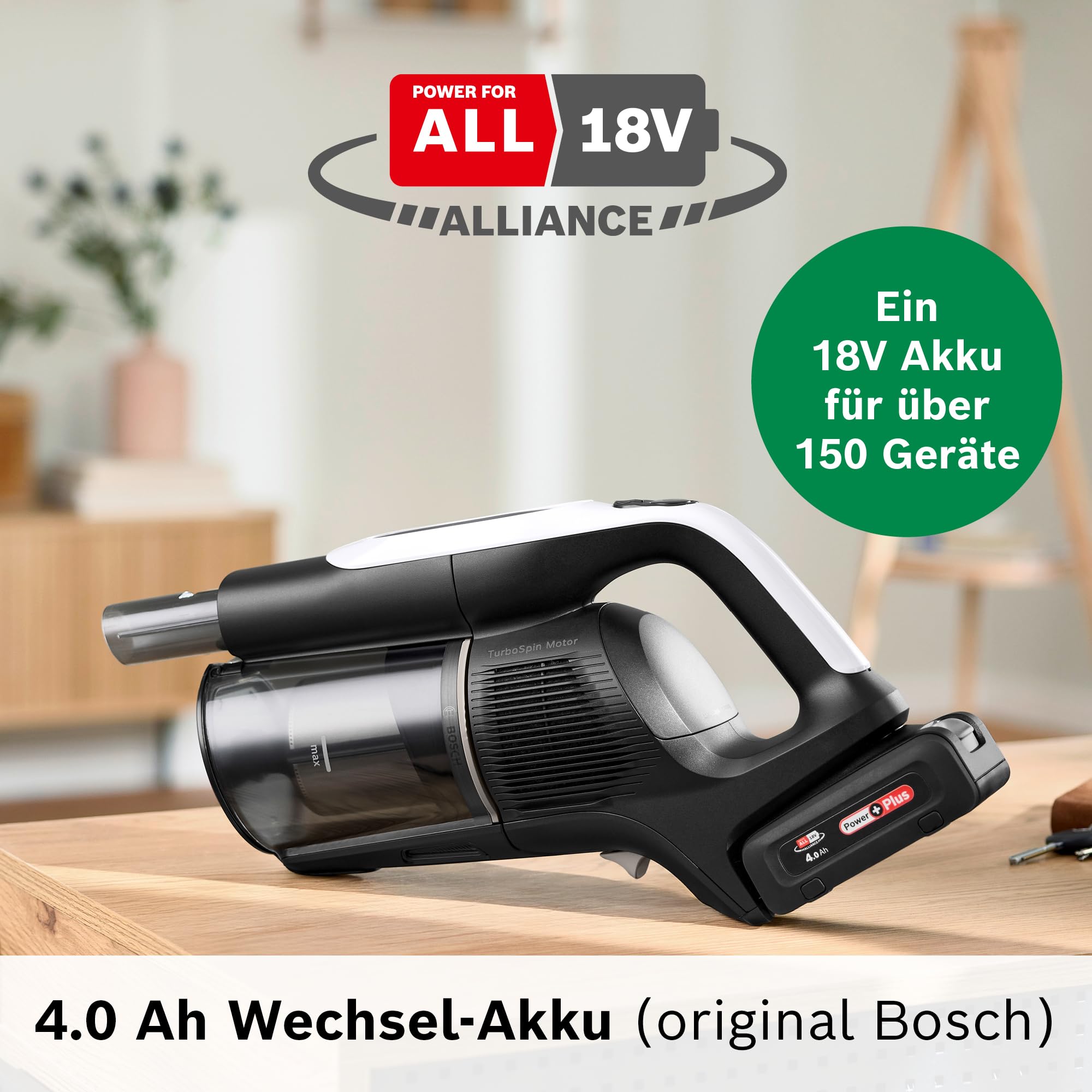 Bosch Wechsel-Akku BHZUB1840, 4.0 Ah, 18V, Power for All Alliance, geeignet für alle kabellosen Unlimited Staubsauger, extra Lange Laufzeit, hohe Leistung, zur Reinigung großer Flächen, schwarz