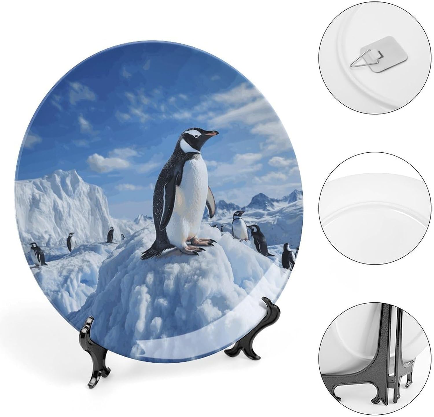 Snow Mountain Penguin Decorative Plates for Display Round Porcelain Plate Living Room Table Ceramic Hanging Decorative Plate Art Decor for Living Room Table with 1 Display Stand 10inch