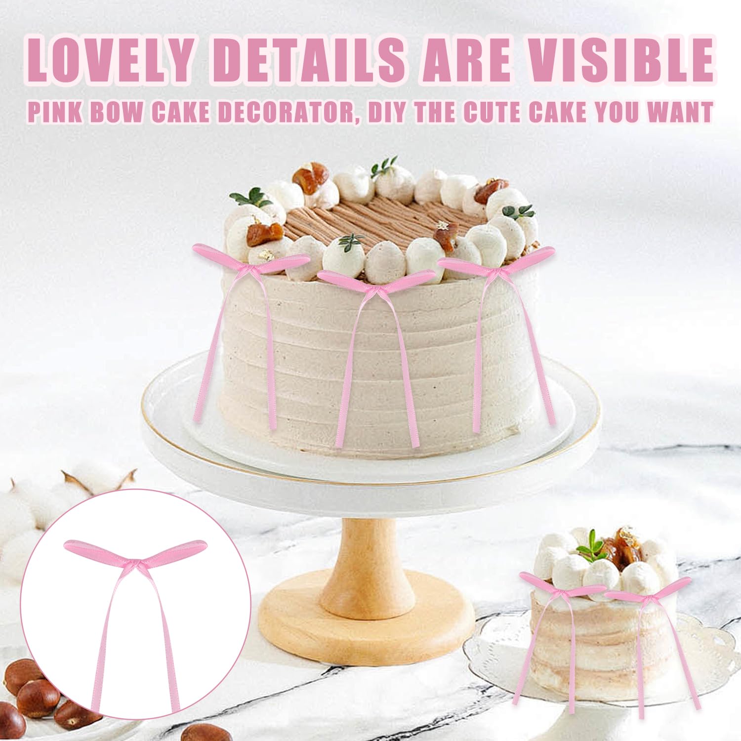 50 Décorations De Gâteau En Forme De Nœud Rose - Taille 14,5x7,5 Cm, En Tissu, Pour Mariage, Anniversaire, Saint-Valentin