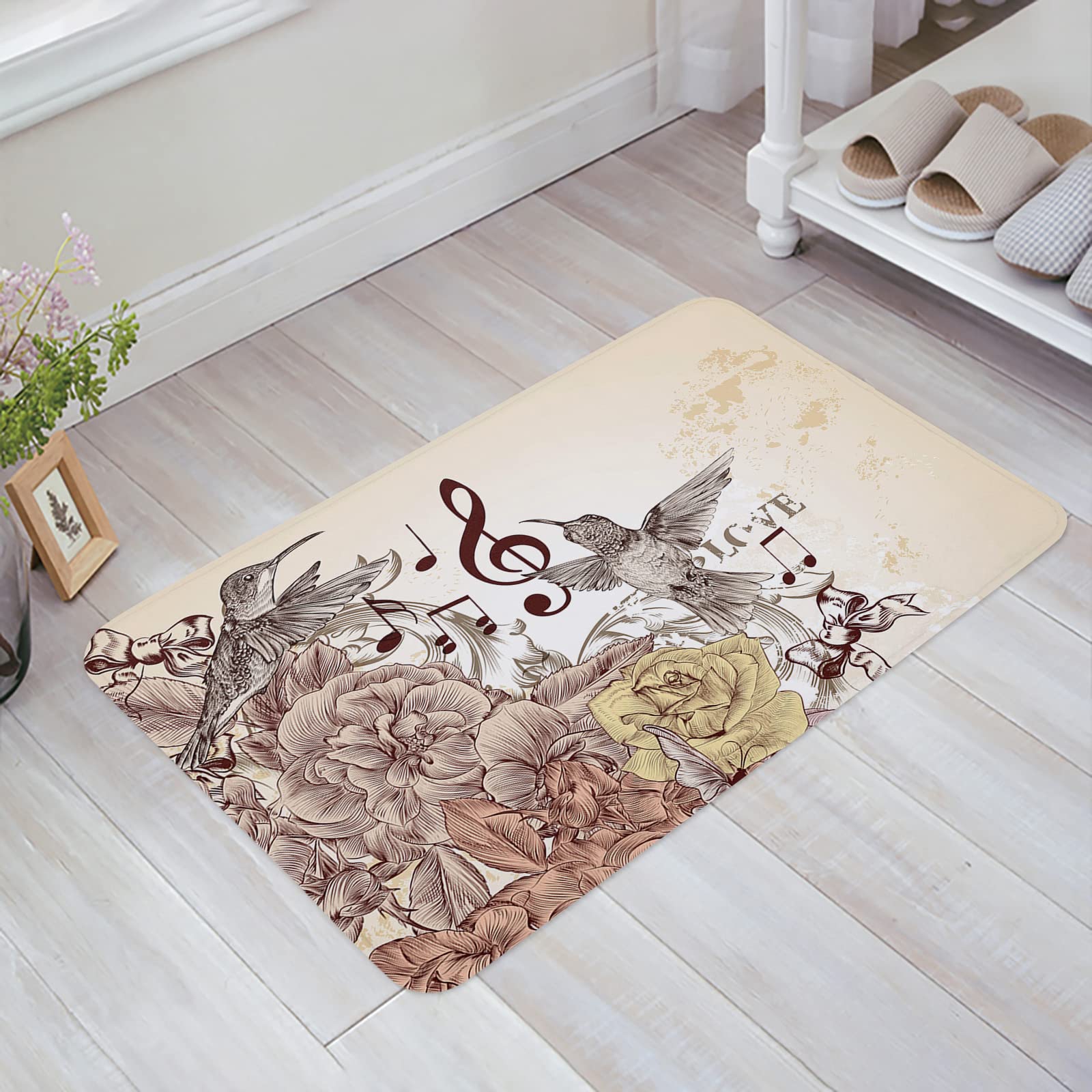 Prironde Front Door Mats Outdoor Indoor Kitchen Mat, Yellow Flowers Flying Hummingbirds and Musical Notes Entrance Doormat Non-Slip Bathroom Rugs Washable Floor Mats for Sink/Porch, 18" x 30"
