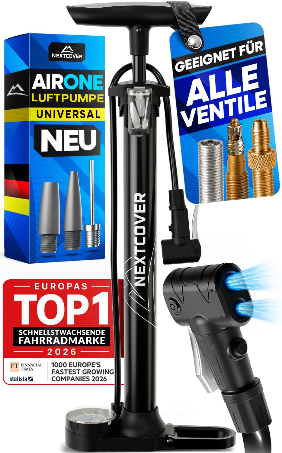 NEXTCOVER® Pompe à vélo toutes les valves avec technologie Airflow I Pompe pour valve de voiture, valve Presta et valve Dunlop I Pompe à air pour vélo avec manomètre I Pompe à air vélo