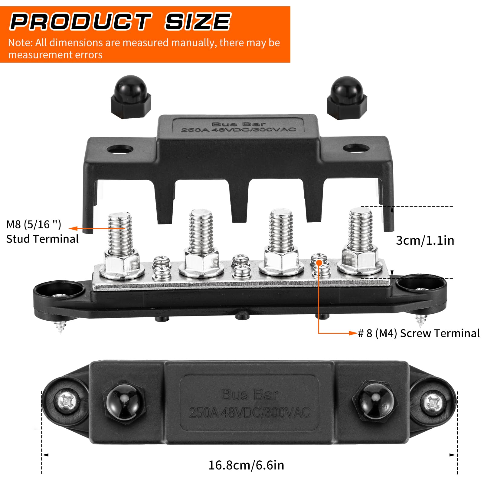 Bloc de distribution d'alimentation 12 V 250 A 4 bornes M8 (5/16") pour batterie marine, automobile, camping-car, câblage solaire – négatif et positif