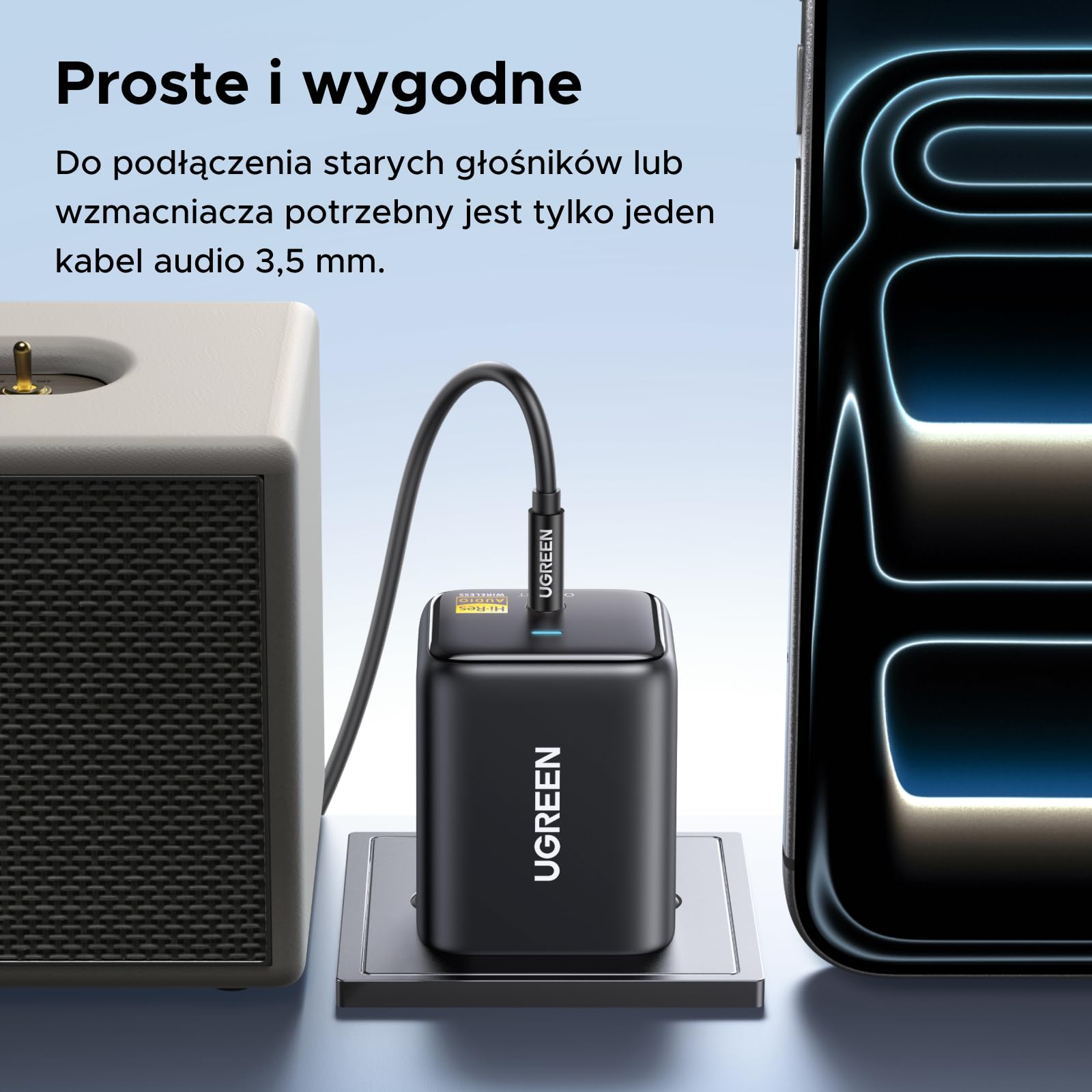 Adapter Bluetooth 6.0 Hi-Res UGREEN z LDAC, odbiornik Bluetooth typu plug and play, adapter AUX 3,5 mm do systemów stereo, wzmacniaczy i głośników, zasięg 10 m z niskim opóźnieniem