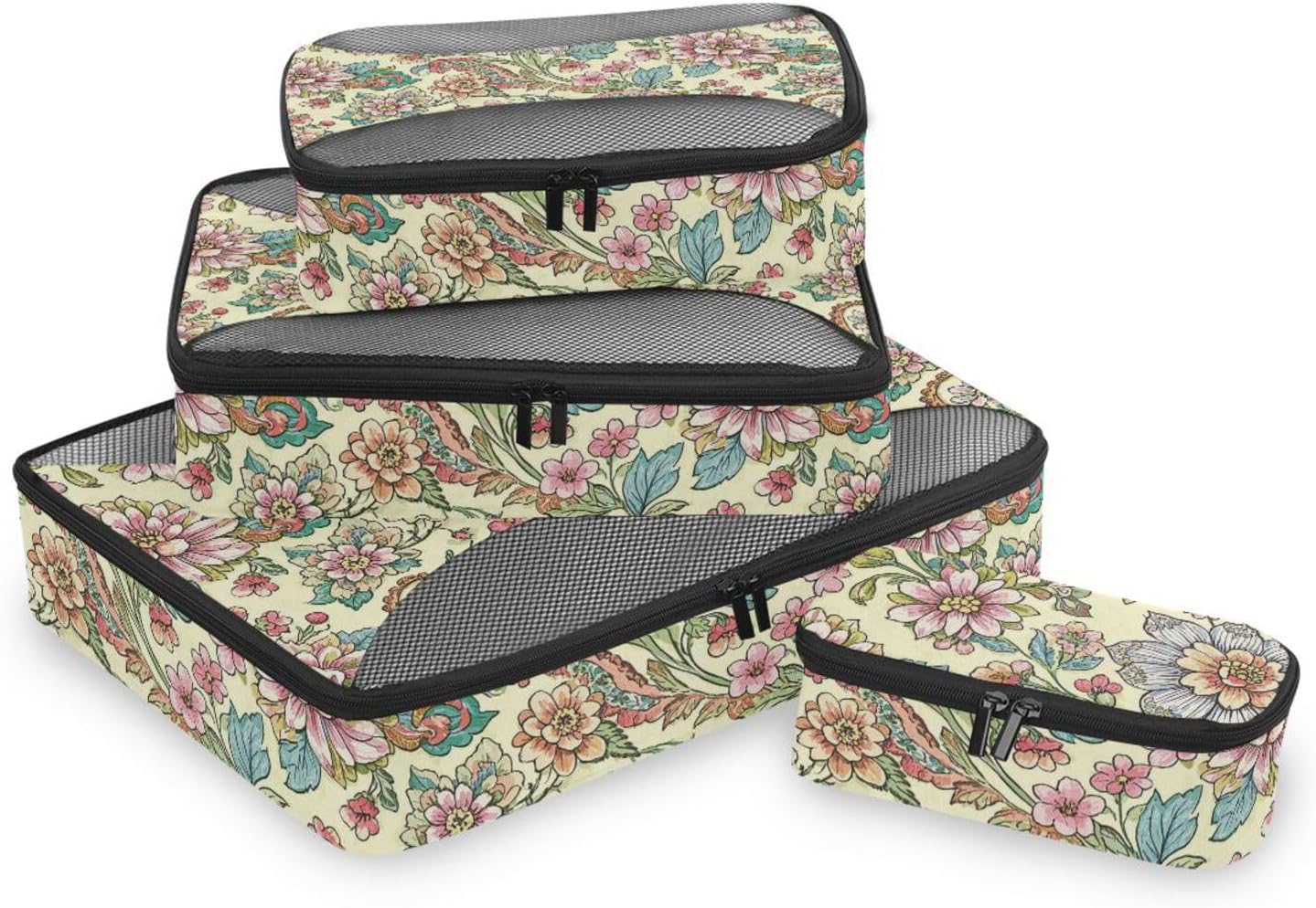 Vintage Flower Print Beige 4 Pcs set travel organizer bags Mesh Travel Essentials lightweight compression packing cubes