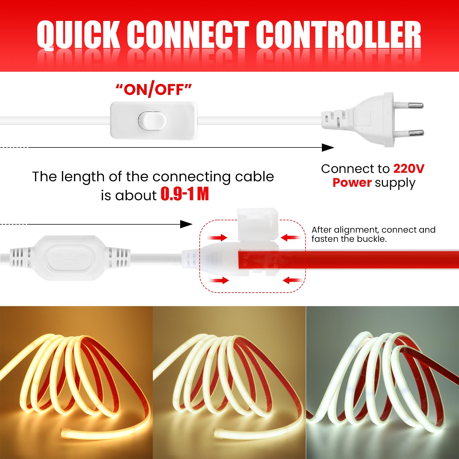 Anschluss an AC220-240V COB Streifen Selbstklebend mit ON/OFF Schalter, 50M 240LEDs/m Superhell Flexible FCOB LED Band (Schnitt alle 10cm), IP65 Warmweiß LED Leuchtband für Weihnachten
