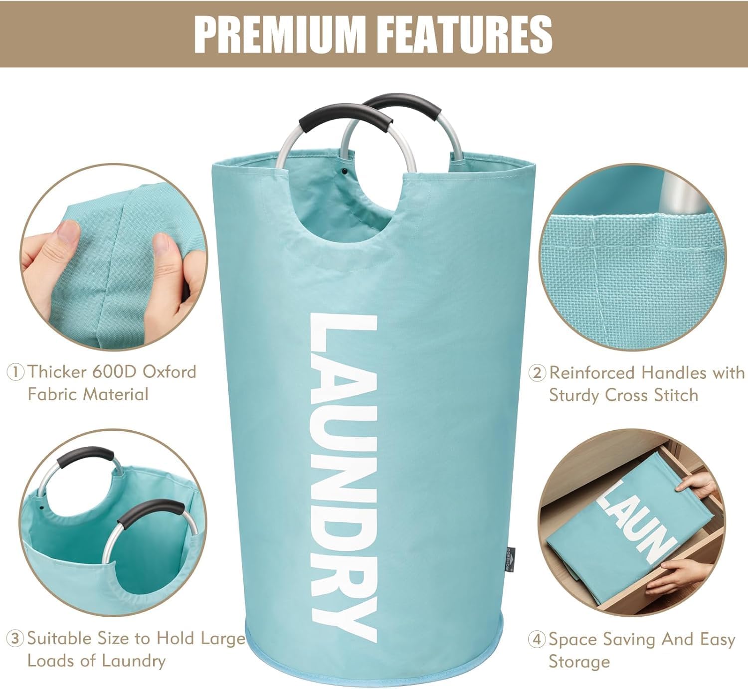 90L laundry basket storage basket waterproof laundry with padded handle laundry bag, foldable laundry basket for easy storage,Blue