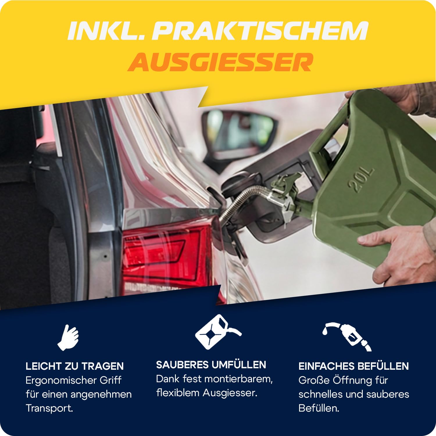 Benzinkanister 20l aus Stahl, inkl. Safety Pin - robuster Kraftstoffkanister 20l, Reservekanister für Treibstoff, Benzin, Diesel - 47x37x17cm & 3kg (Benzinkanister 20l mit Ausgießer)
