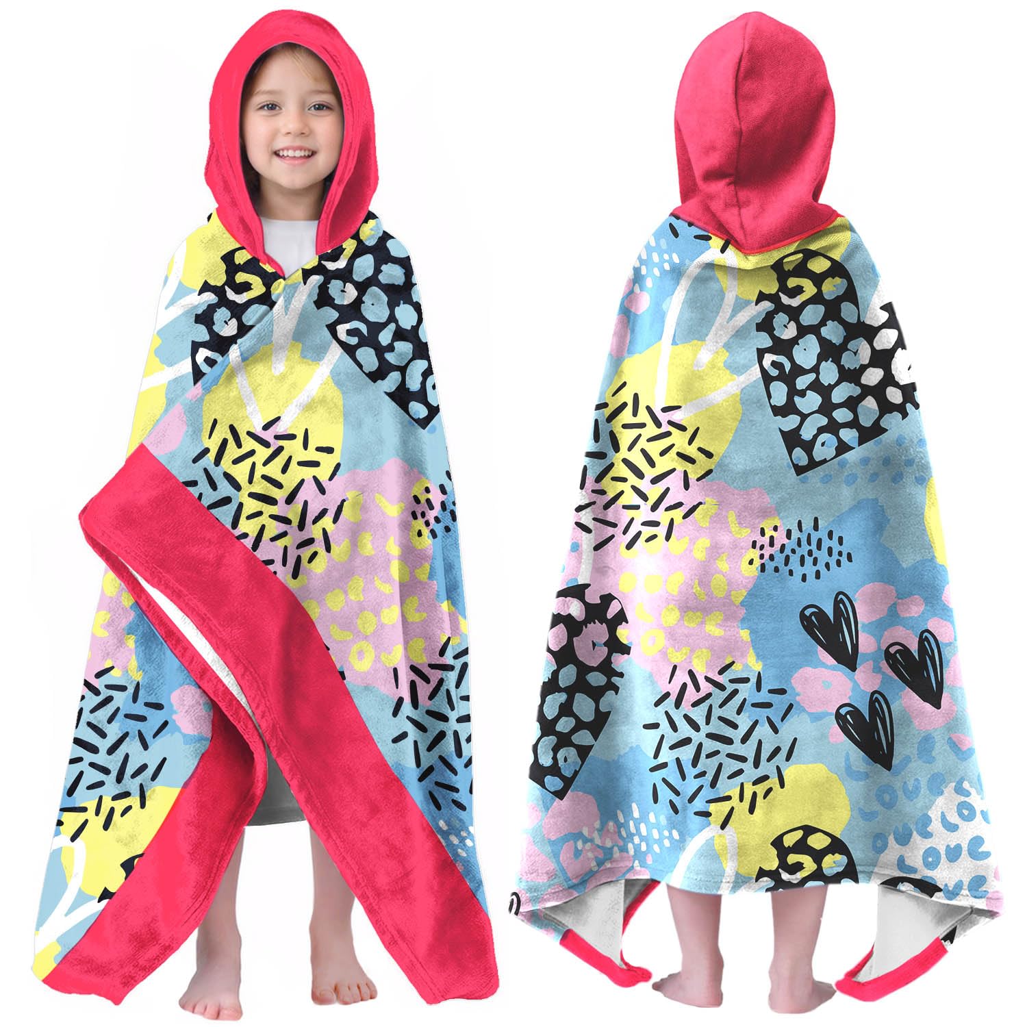 Heart Print Hooded Beach Towel for Girls, 30x50 in Bath Swim Wrap, 02