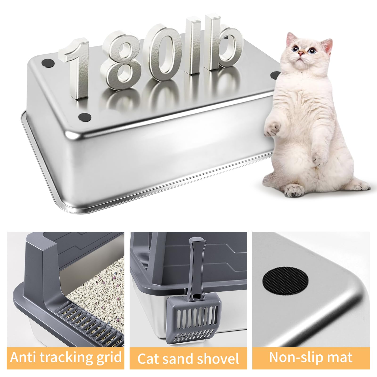Lettiera Semi-aperta In Acciaio Inox Per Gatti: Vassoio Antiscivolo Con Sistema Di Ventilazione E Ingresso Basso, Adatta A Gatti Grandi