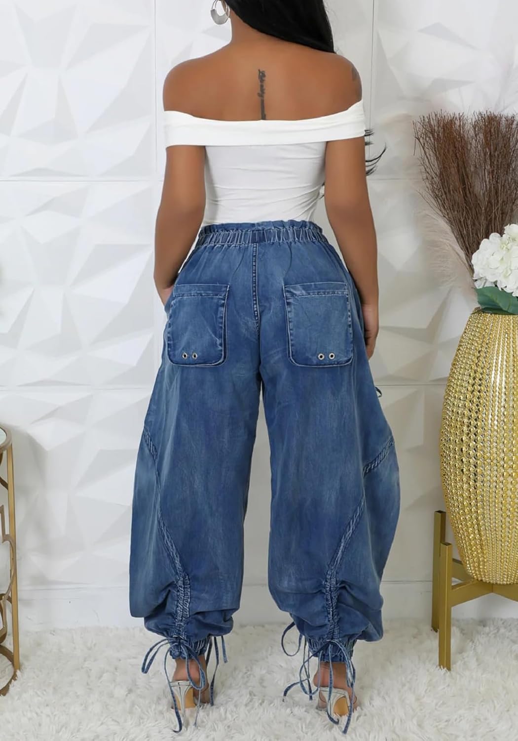 Tbahhir Baggy Cargo Jeans for Women High Waist Wide Leg Denim Pants Loose Harem Drawstring Jogger Sweatpants Trousers - Image 5