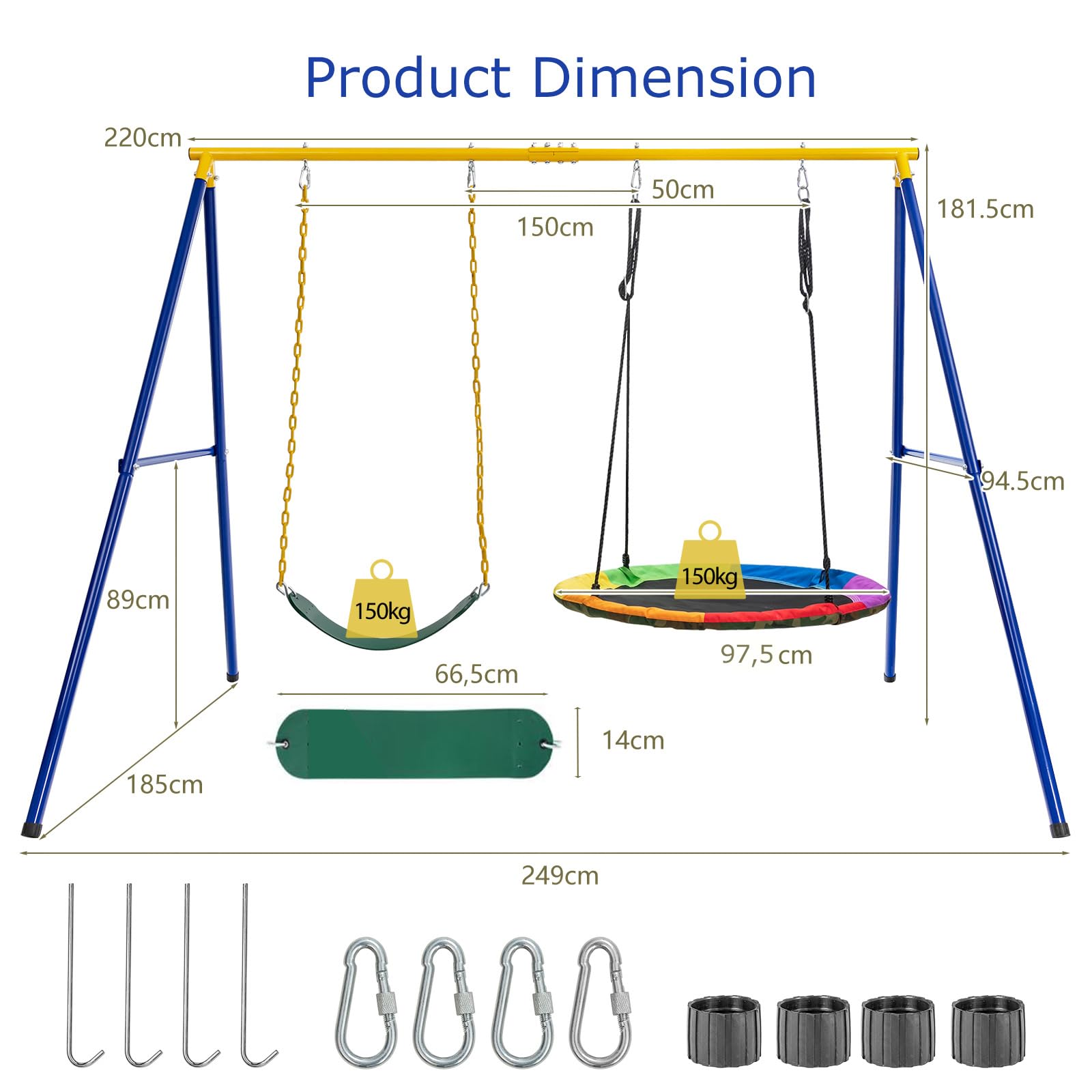 KOMFOTTEU Columpio doble con estructura de metal, columpio para niños con estructura de metal, soporta hasta 300 kg, columpio de jardín para jardín, patio, parque, azul y amarillo