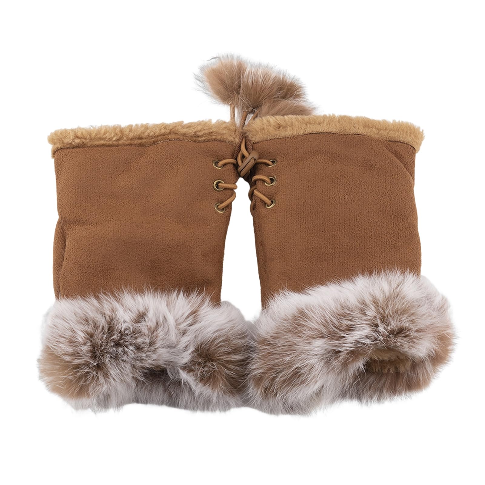 pofluany 1 Pair Women Winter Mittens Adjustable Drawstring Thick Plush Faux Fur Windproof Anti-slip Student Writing Gloves Keep Warm Fingerless Typing Mittens Camel