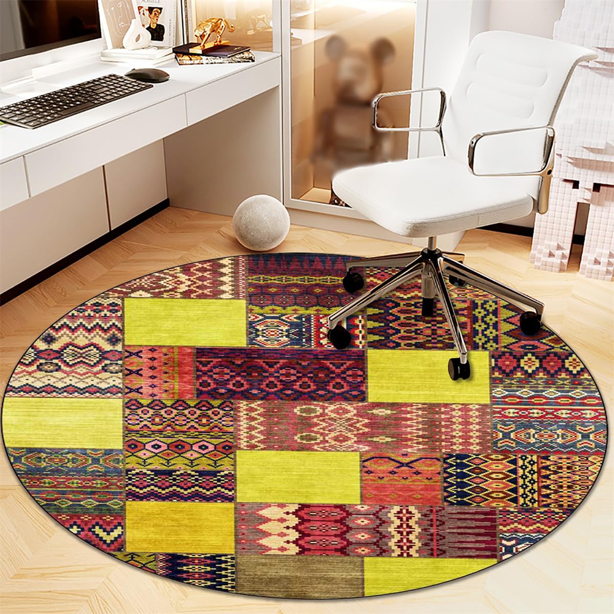 Heavyoff Round Office Chair Mat for Carpet,Easy Glide Hard Wood Tile Floor Mats,Chair Mat for Hardwood Floor,Geometric Patterns Desk Chair Mat for Home Office Rolling Chair, Style 4, 100x100cm